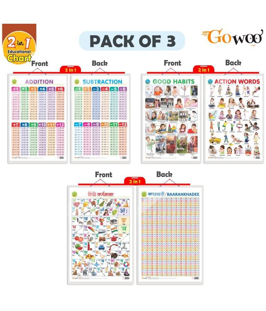 Set of 3 |2 IN 1 GOOD HABITS AND ACTION WORDS, 2 IN 1 ADDITION AND SUBTRACTION and 2 IN 1 HINDI VARNMALA AND BAARAHKHADEE Early Learning Educational Charts for Kids Set of 3 |2 IN 1 GOOD HABITS AND ACTION WORDS, 2 IN 1 ADDITION AND SUBTRACTION and 2 IN 1 HINDI VARNMALA AND BAARAHKHADEE Early Learning Educational Charts for Kids