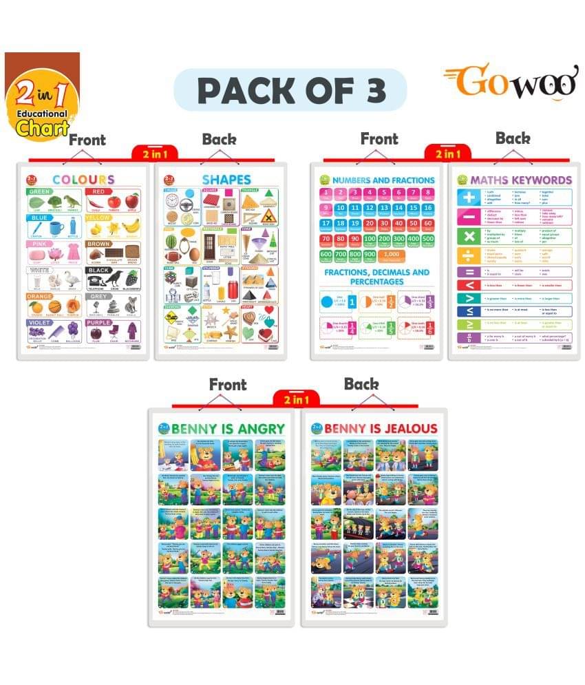 Set of 3 | 2 IN 1 NUMBER & FRACTIONS AND MATHS KEYWORDS, 2 IN 1 COLOURS AND SHAPES AND 2 IN 1 BENNY IS ANGRY AND BENNY IS JEALOUS Early Learning Educational Charts for Kids Set of 3 | 2 IN 1 NUMBER & FRACTIONS AND MATHS KEYWORDS, 2 IN 1 COLOURS AND SHAPES AND 2 IN 1 BENNY IS ANGRY AND BENNY IS JEALOUS Early Learning Educational Charts for Kids