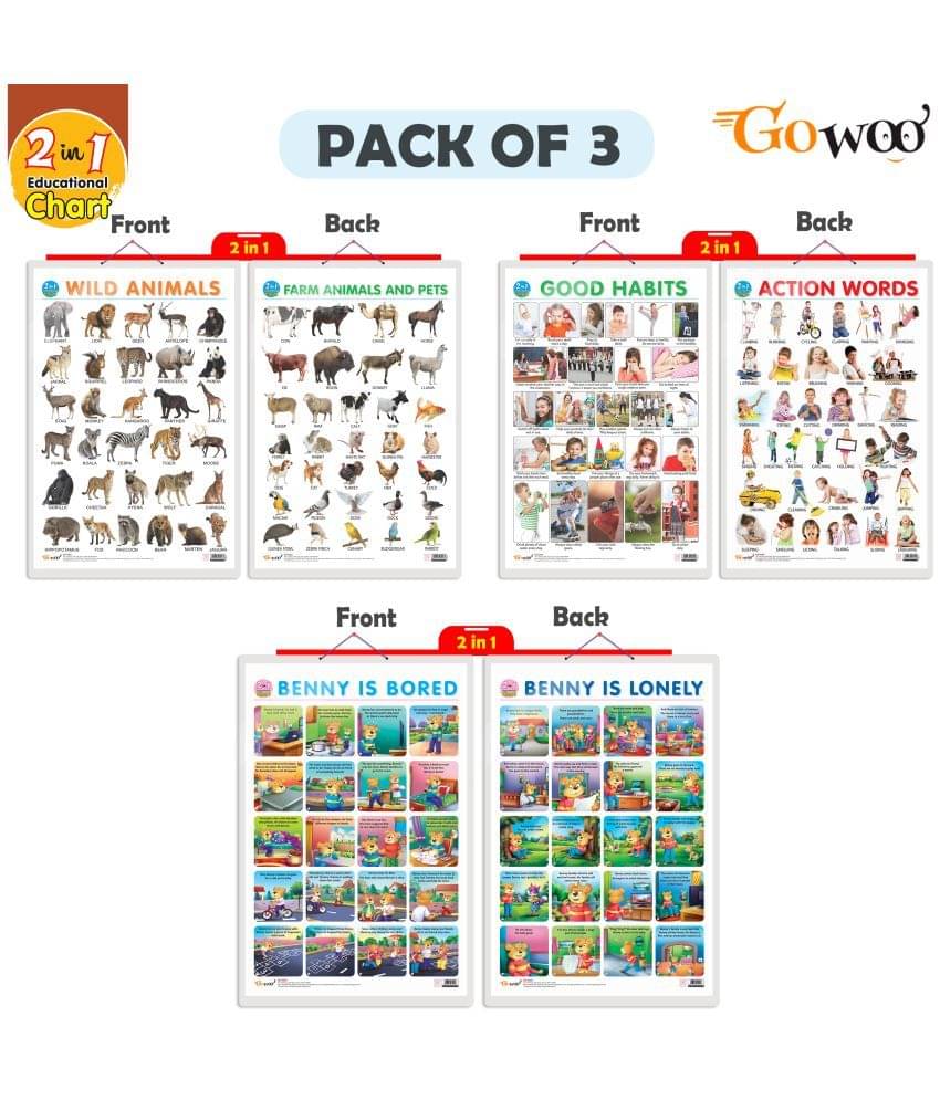 Set of 3 |2 IN 1 WILD AND FARM ANIMALS & PETS, 2 IN 1 GOOD HABITS AND ACTION WORDS and 2 IN 1 BENNY IS BORED AND BENNY IS LONELY Early Learning Educational Charts for Kids Set of 3 |2 IN 1 WILD AND FARM ANIMALS & PETS, 2 IN 1 GOOD HABITS AND ACTION WORDS and 2 IN 1 BENNY IS BORED AND BENNY IS LONELY Early Learning Educational Charts for Kids