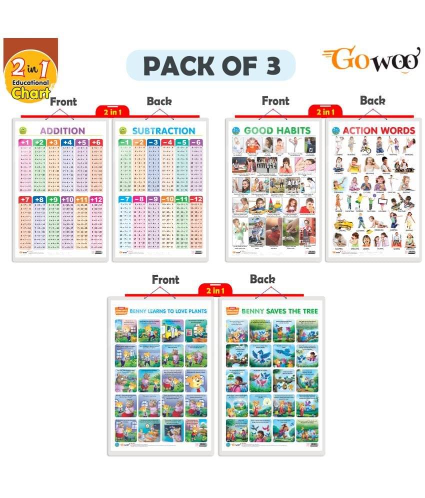     			Set of 3 |2 IN 1 GOOD HABITS AND ACTION WORDS, 2 IN 1 ADDITION AND SUBTRACTION and 2 IN 1 BENNY LEARNS TO LOVE PLANTS AND BENNY SAVES THE TREE Early Learning Educational Charts for Kids