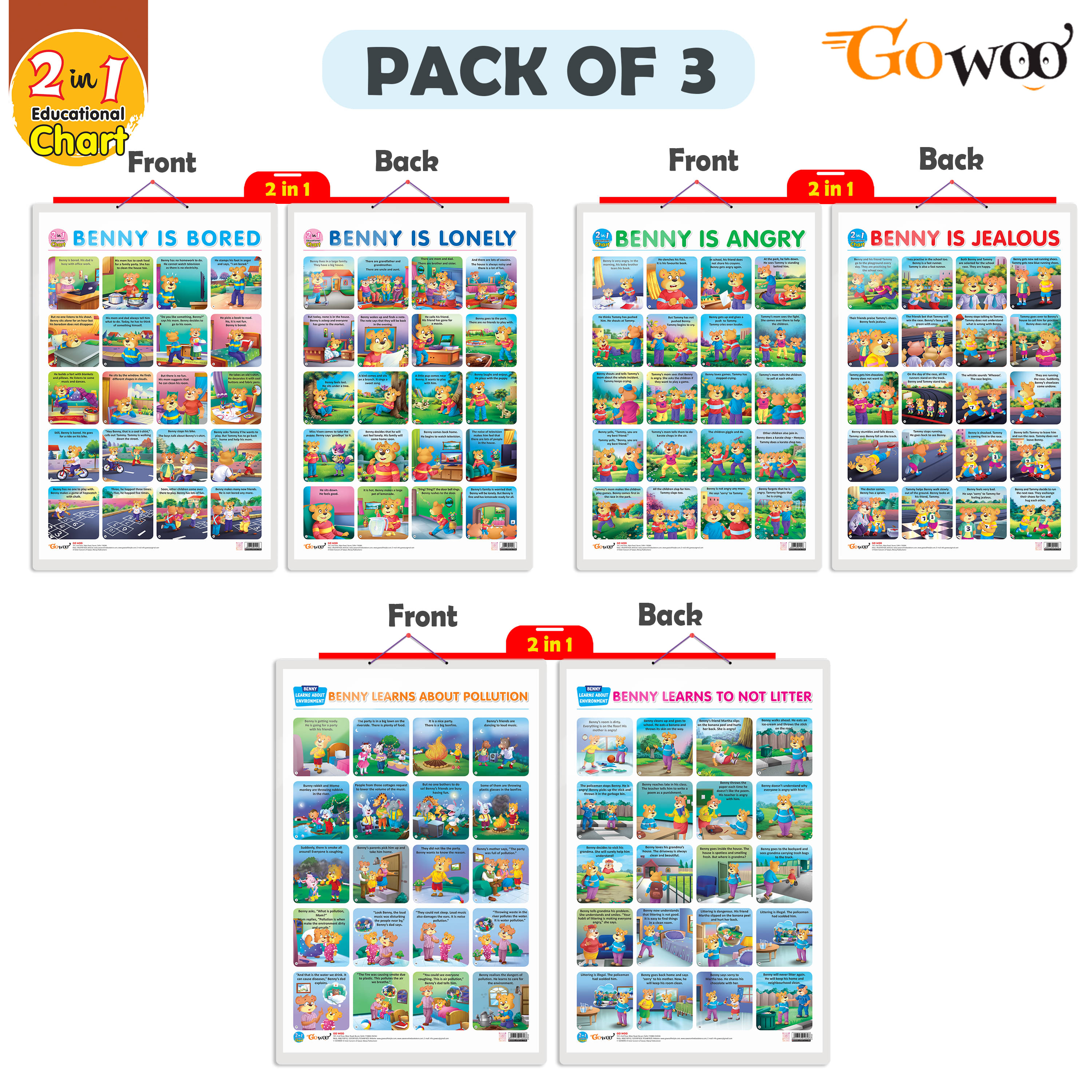     			Set of 3 | 2 IN 1 BENNY IS ANGRY AND BENNY IS JEALOUS, 2 IN 1 BENNY IS BORED AND BENNY IS LONELY and 2 IN 1 BENNY LEARNS ABOUT POLLUTION AND BENNY LEARNS NOT TO LITTER Early Learning Educational Charts for Kids