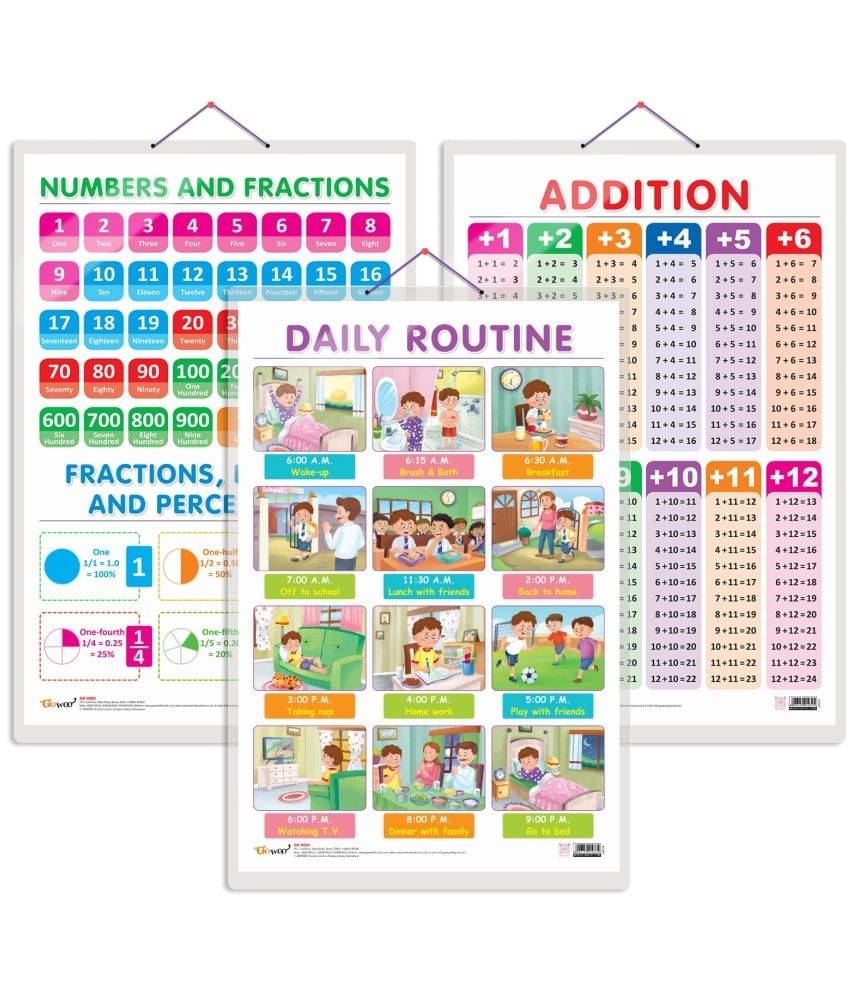 Set of 3 ADDITION, NUMBERS AND FRACTIONS and DAILY ROUTINE Early Learning Educational Charts for Kids | 20"X30" inch |Non-Tearable and Waterproof | Double Sided Laminated | Perfect for Homeschooling, Kindergarten and Nursery Students Set of 3 ADDITION, NUMBERS AND FRACTIONS and DAILY ROUTINE Early Learning Educational Charts for Kids | 20"X30" inch |Non-Tearable and Waterproof | Double Sided Laminated | Perfect for Homeschooling, Kindergarten and Nursery Students