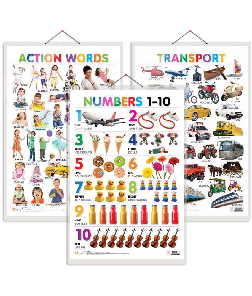 Set of 3 Action Words, Transport and Numbers 1-10 Early Learning Educational Charts for Kids | 20"X30" inch |Non-Tearable and Waterproof | Double Sided Laminated | Perfect for Homeschooling, Kindergarten and Nursery Students Set of 3 Action Words, Transport and Numbers 1-10 Early Learning Educational Charts for Kids | 20"X30" inch |Non-Tearable and Waterproof | Double Sided Laminated | Perfect for Homeschooling, Kindergarten and Nursery Students