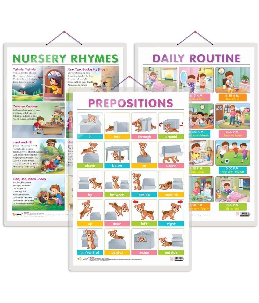 Set of 3 DAILY ROUTINE, NURSERY RHYMES and PREPOSITIONS Early Learning Educational Charts for Kids | 20"X30" inch |Non-Tearable and Waterproof | Double Sided Laminated | Perfect for Homeschooling, Kindergarten and Nursery Students Set of 3 DAILY ROUTINE, NURSERY RHYMES and PREPOSITIONS Early Learning Educational Charts for Kids | 20"X30" inch |Non-Tearable and Waterproof | Double Sided Laminated | Perfect for Homeschooling, Kindergarten and Nursery Students