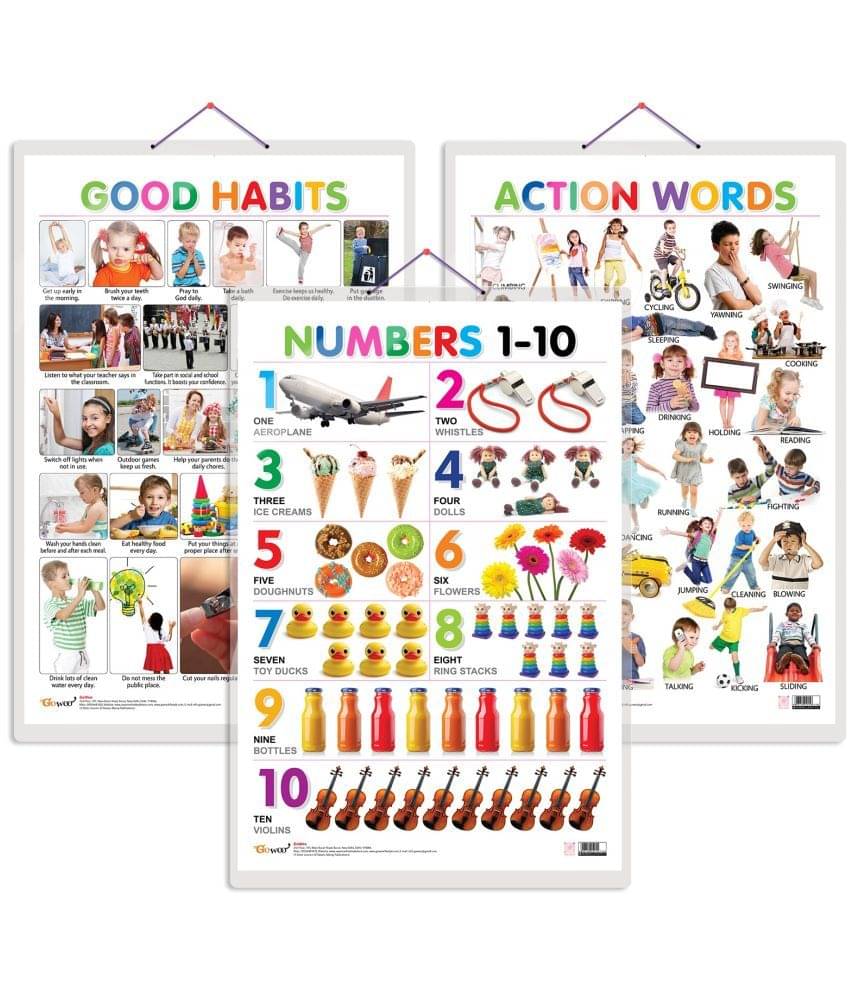 Set of 3 Good Habits, Action Words and Numbers 1-10 Early Learning Educational Charts for Kids | 20"X30" inch |Non-Tearable and Waterproof | Double Sided Laminated | Perfect for Homeschooling, Kindergarten and Nursery Students Set of 3 Good Habits, Action Words and Numbers 1-10 Early Learning Educational Charts for Kids | 20"X30" inch |Non-Tearable and Waterproof | Double Sided Laminated | Perfect for Homeschooling, Kindergarten and Nursery Students