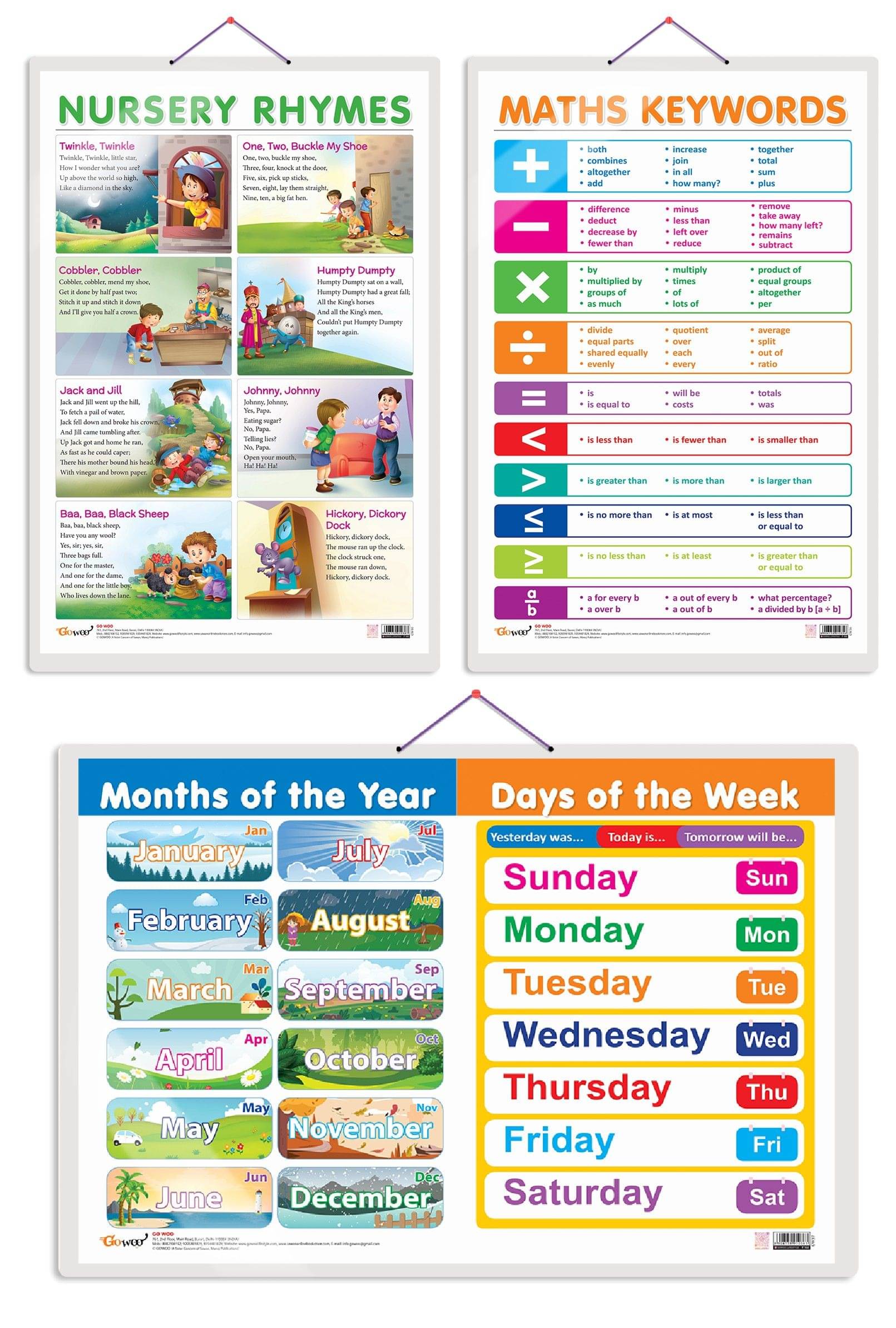     			Set of 3 MATHS KEYWORDS, MONTHS OF THE YEAR AND DAYS OF THE WEEK and NURSERY RHYMES Early Learning Educational Charts for Kids