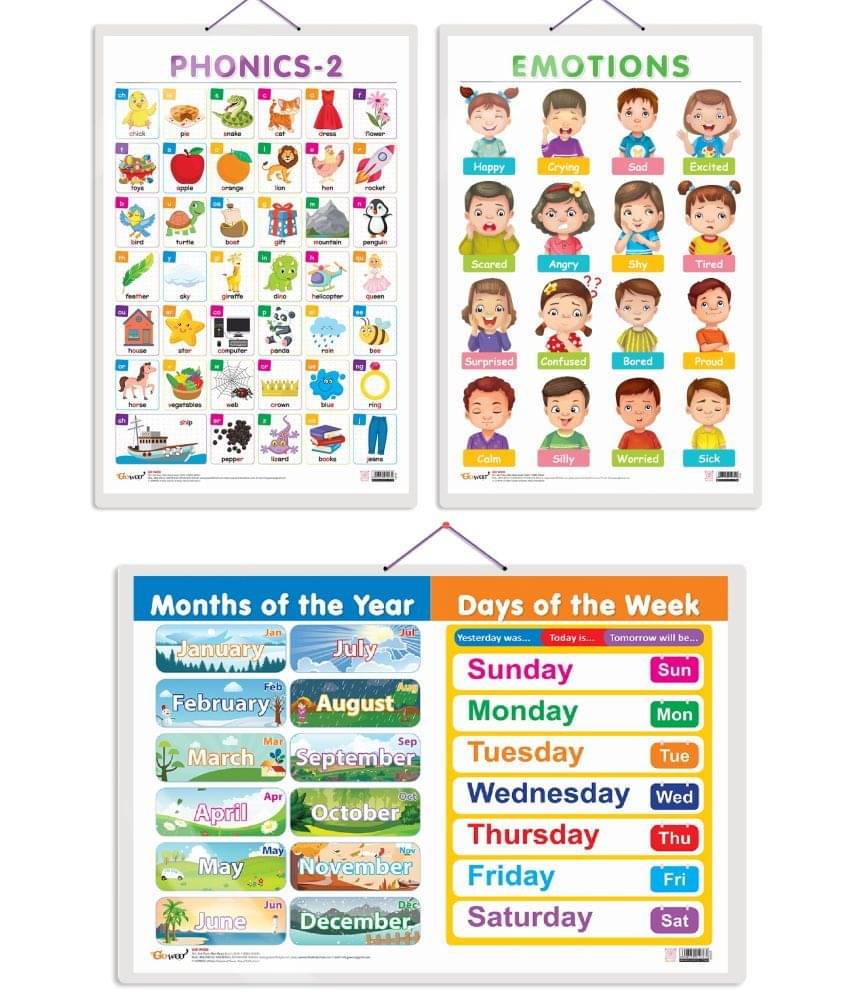 Set of 3 MONTHS OF THE YEAR AND DAYS OF THE WEEK, EMOTIONS and PHONICS - 2 Early Learning Educational Charts for Kids | 20"X30" inch |Non-Tearable and Waterproof | Double Sided Laminated | Perfect for Homeschooling, Kindergarten and Nursery Students Set of 3 MONTHS OF THE YEAR AND DAYS OF THE WEEK, EMOTIONS and PHONICS - 2 Early Learning Educational Charts for Kids | 20"X30" inch |Non-Tearable and Waterproof | Double Sided Laminated | Perfect for Homeschooling, Kindergarten and Nursery Students