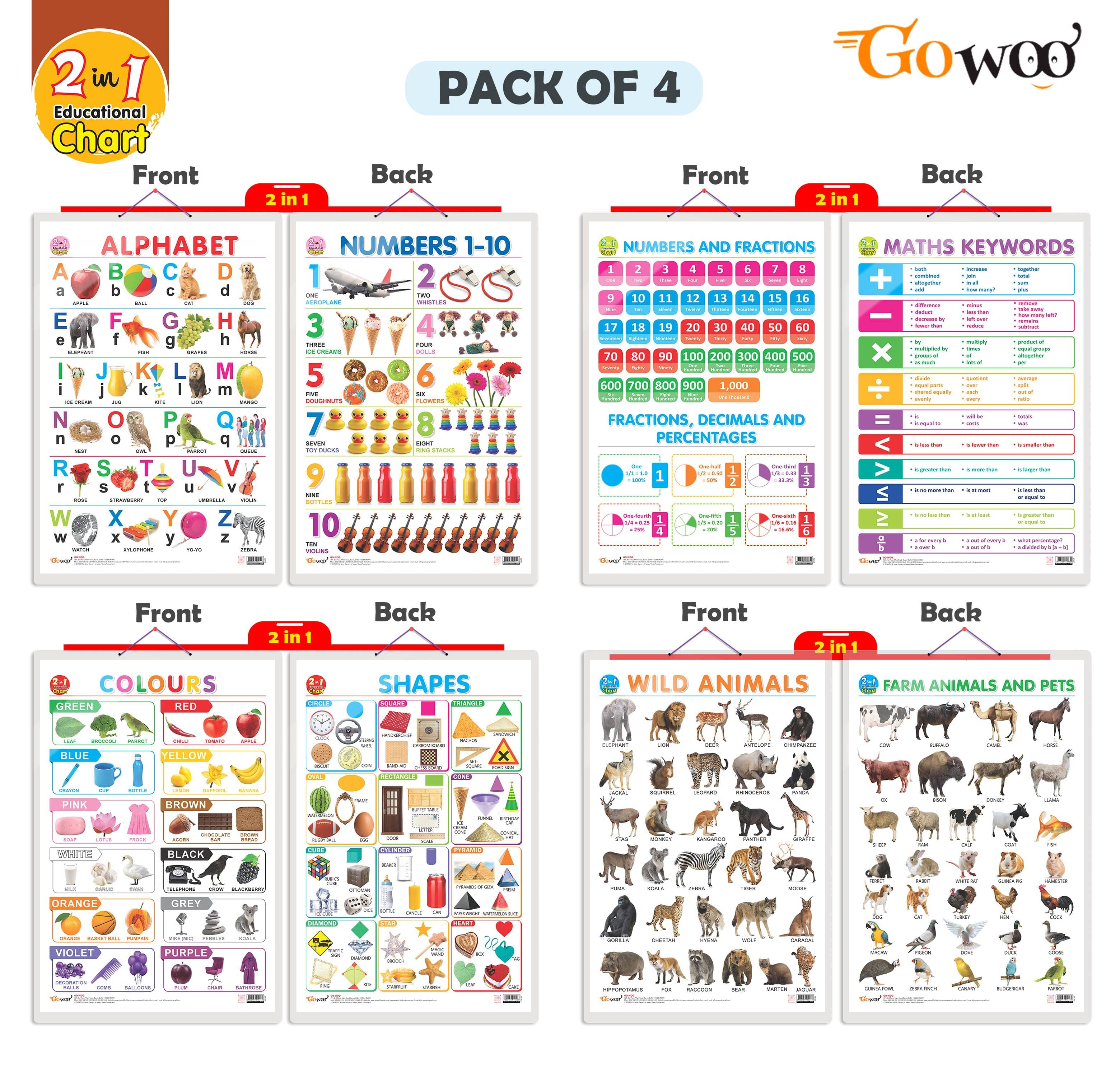 Set of 4 | 2 IN 1 ALPHABET AND NUMBER 1-10, 2 IN 1 NUMBER & FRACTIONS AND MATHS KEYWORDS, 2 IN 1 COLOURS AND SHAPES and 2 IN 1 WILD AND FARM ANIMALS & PETS Early Learning Educational Charts for Kids Set of 4 | 2 IN 1 ALPHABET AND NUMBER 1-10, 2 IN 1 NUMBER & FRACTIONS AND MATHS KEYWORDS, 2 IN 1 COLOURS AND SHAPES and 2 IN 1 WILD AND FARM ANIMALS & PETS Early Learning Educational Charts for Kids