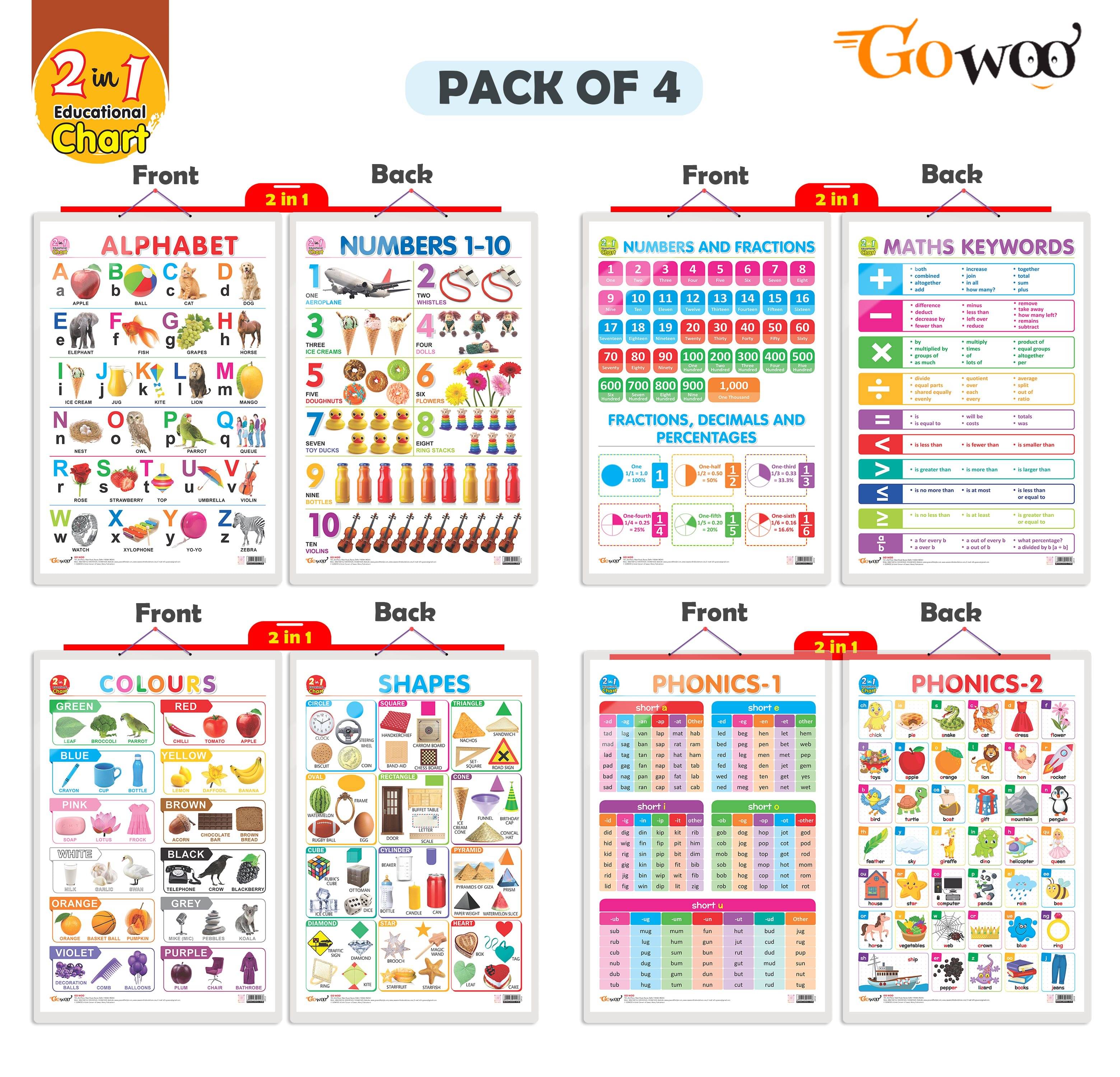 Set of 4 | 2 IN 1 ALPHABET AND NUMBER 1-10, 2 IN 1 NUMBER & FRACTIONS AND MATHS KEYWORDS, 2 IN 1 COLOURS AND SHAPES and 2 IN 1 PHONICS 1 AND PHONICS 2 Early Learning Educational Charts for Kids Set of 4 | 2 IN 1 ALPHABET AND NUMBER 1-10, 2 IN 1 NUMBER & FRACTIONS AND MATHS KEYWORDS, 2 IN 1 COLOURS AND SHAPES and 2 IN 1 PHONICS 1 AND PHONICS 2 Early Learning Educational Charts for Kids