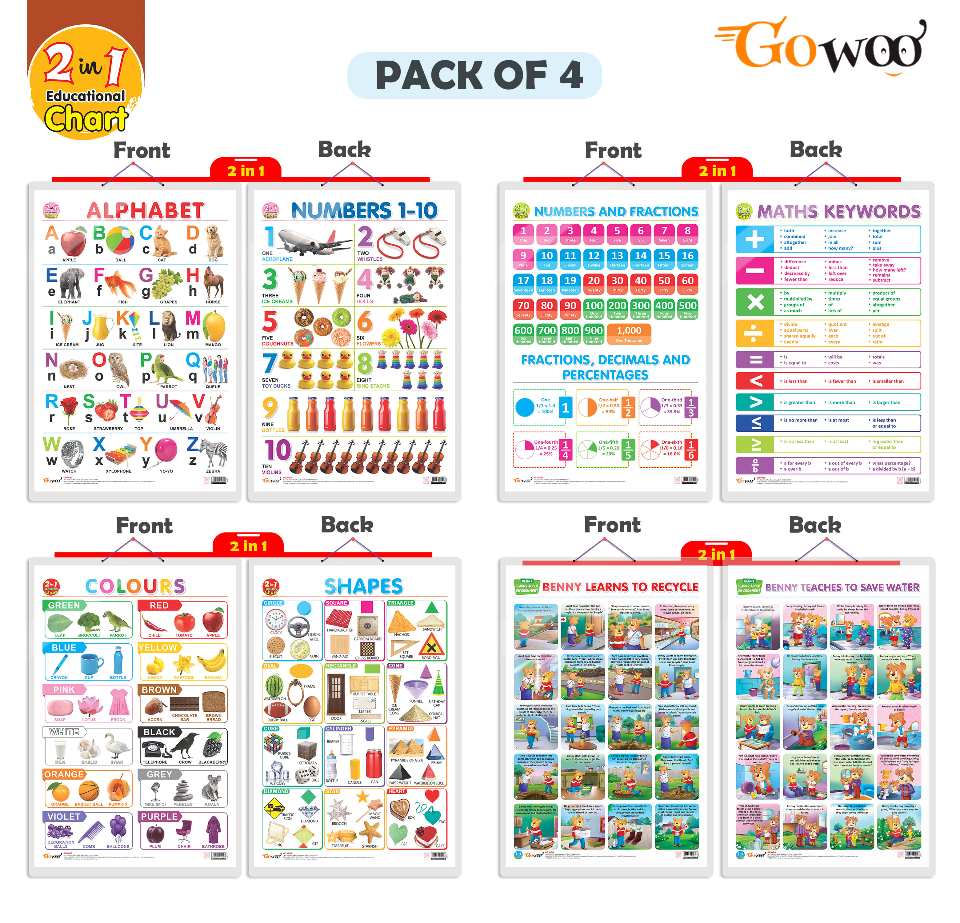     			Set of 4 |  2 IN 1 ALPHABET AND NUMBER 1-10, 2 IN 1 NUMBER & FRACTIONS AND MATHS KEYWORDS, 2 IN 1 COLOURS AND SHAPES and 2 IN 1 BENNY LEARNS TO RECYCLE AND BENNY TEACHES TO SAVE WATER