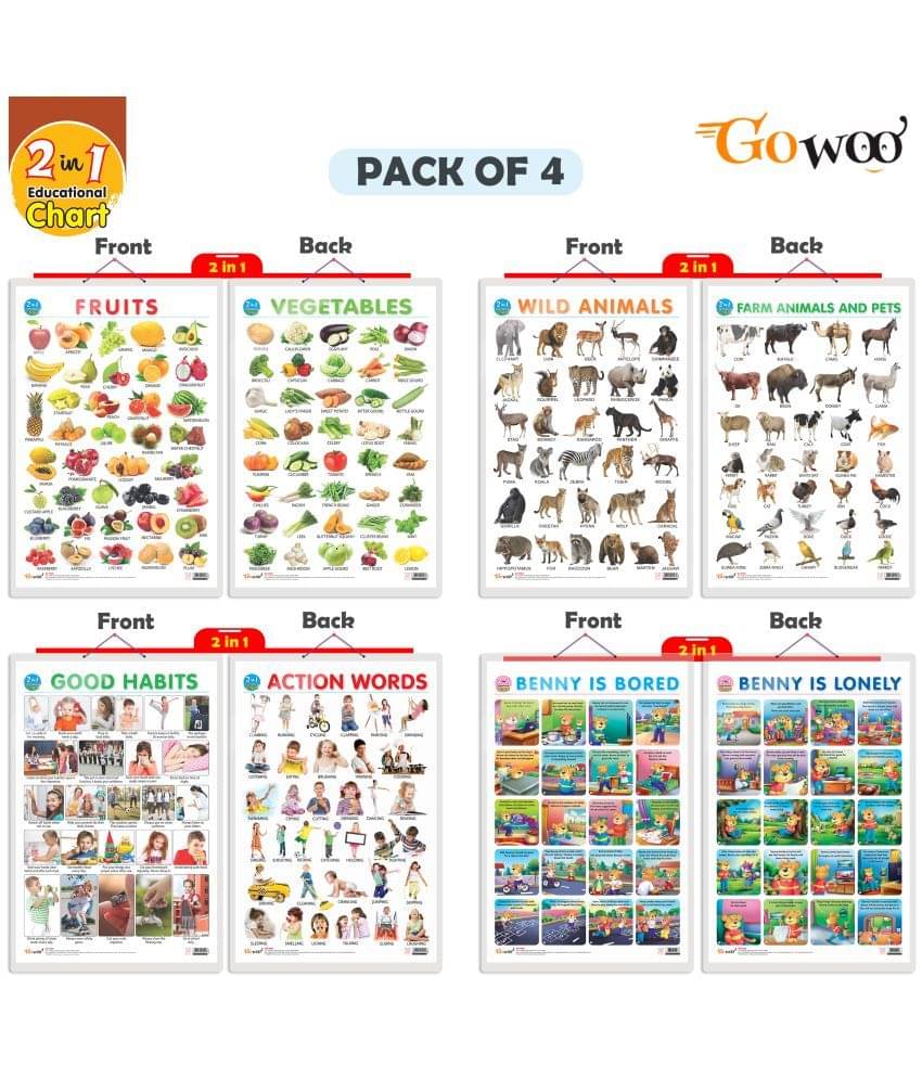 Set of 4 | 2 IN 1 FRUITS AND VEGETABLES, 2 IN 1 WILD AND FARM ANIMALS & PETS, 2 IN 1 GOOD HABITS AND ACTION WORDS and 2 IN 1 BENNY IS BORED AND BENNY IS LONELY Early Learning Educational Charts for Kids Set of 4 | 2 IN 1 FRUITS AND VEGETABLES, 2 IN 1 WILD AND FARM ANIMALS & PETS, 2 IN 1 GOOD HABITS AND ACTION WORDS and 2 IN 1 BENNY IS BORED AND BENNY IS LONELY Early Learning Educational Charts for Kids