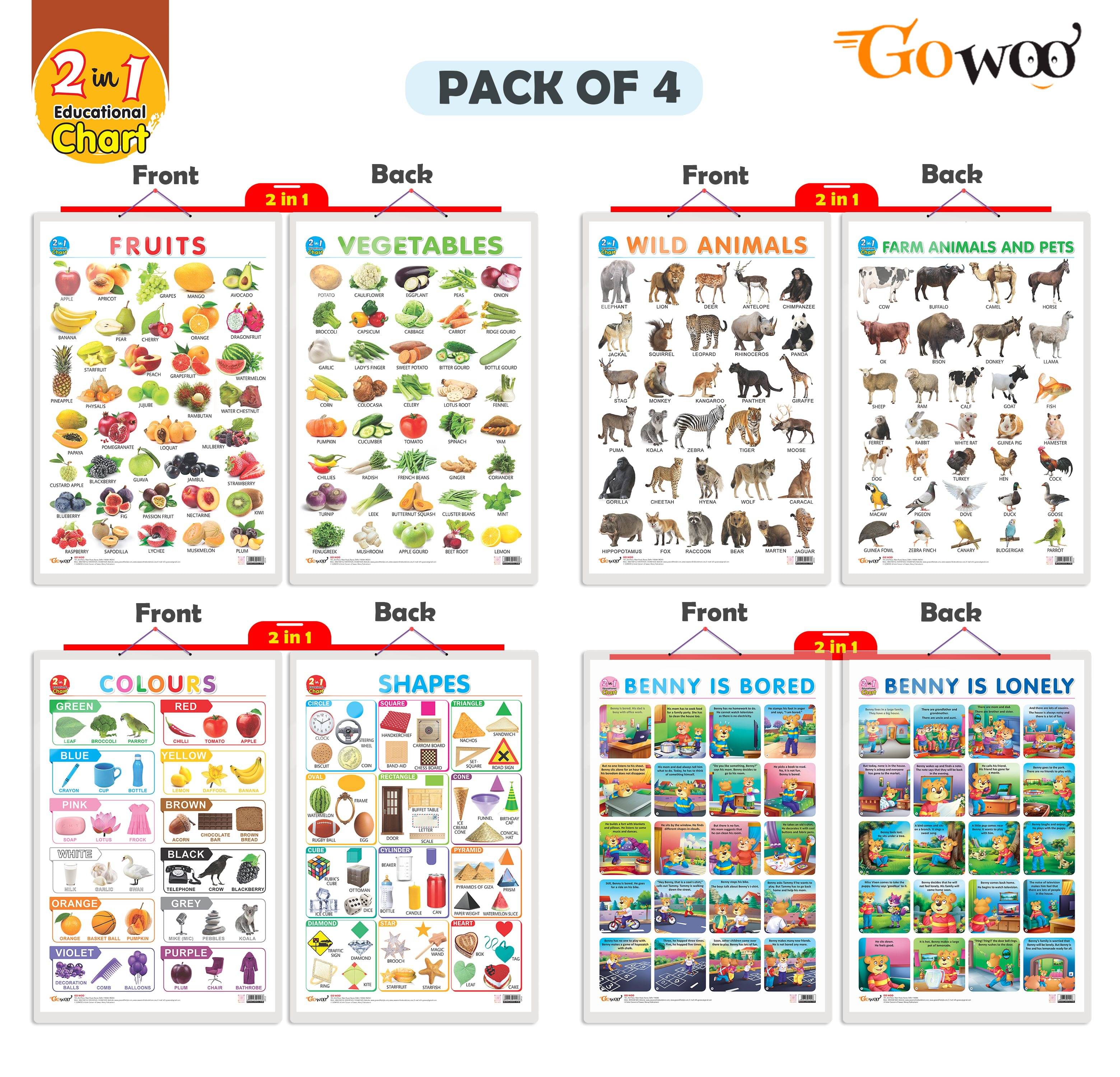 Set of 4 | 2 IN 1 COLOURS AND SHAPES, 2 IN 1 FRUITS AND VEGETABLES, 2 IN 1 WILD AND FARM ANIMALS & PETS and 2 IN 1 BENNY IS BORED AND BENNY IS LONELY Early Learning Educational Charts for Kids Set of 4 | 2 IN 1 COLOURS AND SHAPES, 2 IN 1 FRUITS AND VEGETABLES, 2 IN 1 WILD AND FARM ANIMALS & PETS and 2 IN 1 BENNY IS BORED AND BENNY IS LONELY Early Learning Educational Charts for Kids