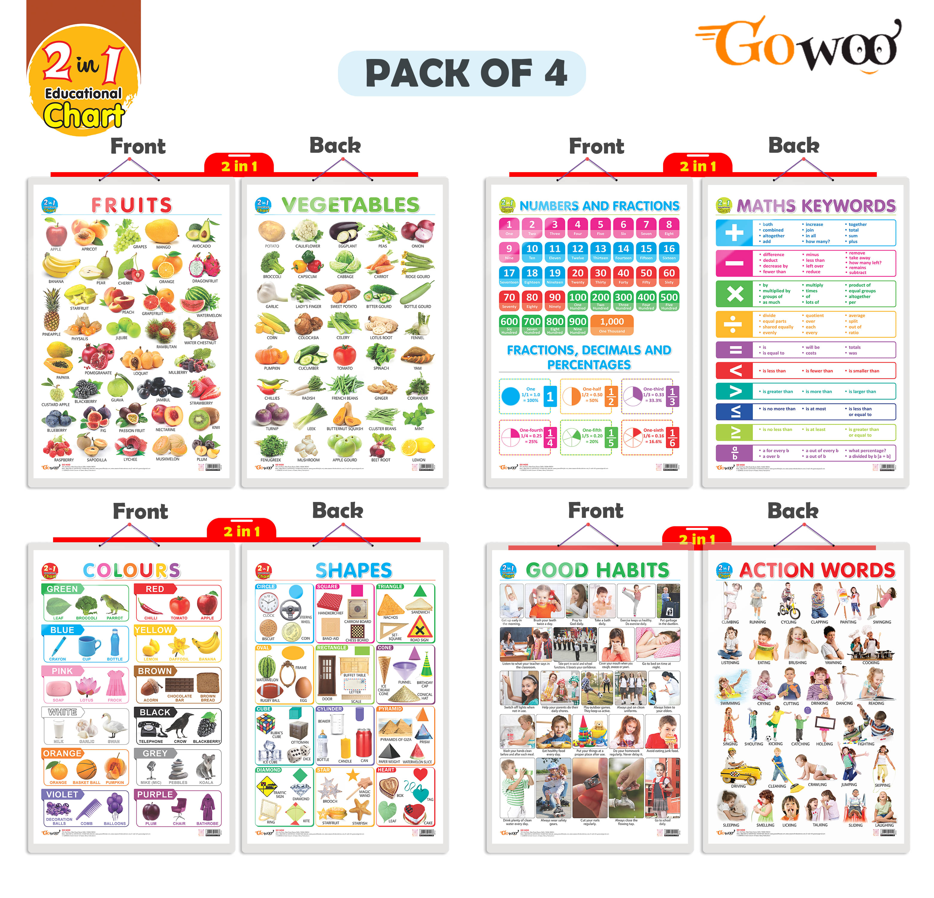 Set of 4 | 2 IN 1 NUMBER & FRACTIONS AND MATHS KEYWORDS, 2 IN 1 COLOURS AND SHAPES, 2 IN 1 FRUITS AND VEGETABLES and 2 IN 1 GOOD HABITS AND ACTION WORDS Early Learning Educational Charts for Kids Set of 4 | 2 IN 1 NUMBER & FRACTIONS AND MATHS KEYWORDS, 2 IN 1 COLOURS AND SHAPES, 2 IN 1 FRUITS AND VEGETABLES and 2 IN 1 GOOD HABITS AND ACTION WORDS Early Learning Educational Charts for Kids