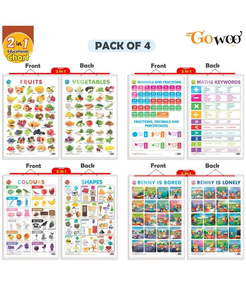 Set of 4 | 2 IN 1 NUMBER & FRACTIONS AND MATHS KEYWORDS, 2 IN 1 COLOURS AND SHAPES, 2 IN 1 FRUITS AND VEGETABLES and 2 IN 1 BENNY IS BORED AND BENNY IS LONELY Early Learning Educational Charts for Kids Set of 4 | 2 IN 1 NUMBER & FRACTIONS AND MATHS KEYWORDS, 2 IN 1 COLOURS AND SHAPES, 2 IN 1 FRUITS AND VEGETABLES and 2 IN 1 BENNY IS BORED AND BENNY IS LONELY Early Learning Educational Charts for Kids