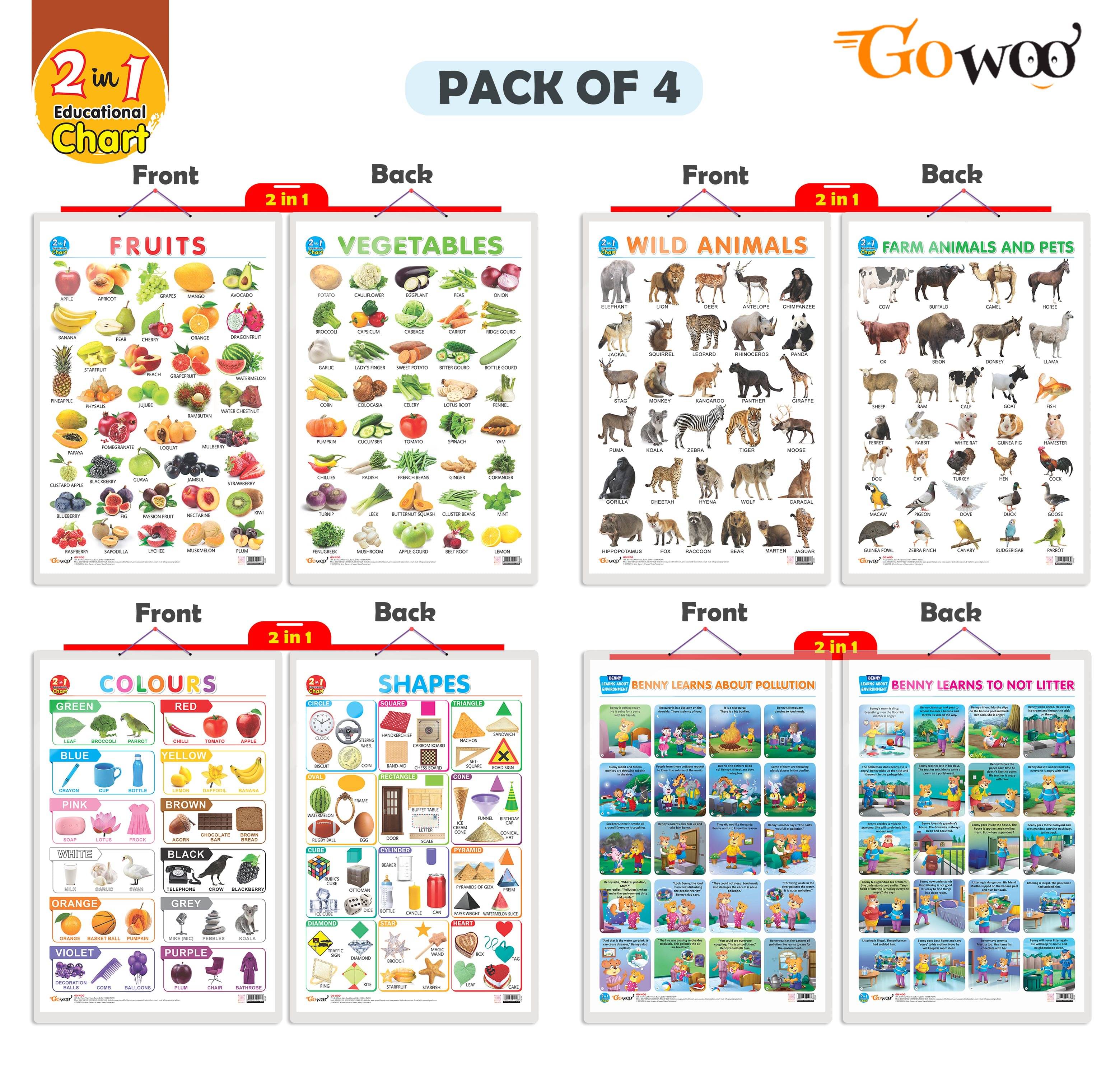 Set of 4 | 2 IN 1 COLOURS AND SHAPES, 2 IN 1 FRUITS AND VEGETABLES, 2 IN 1 WILD AND FARM ANIMALS & PETS and 2 IN 1 BENNY LEARNS ABOUT POLLUTION AND BENNY LEARNS NOT TO LITTER Early Learning Educational Charts for Kids Set of 4 | 2 IN 1 COLOURS AND SHAPES, 2 IN 1 FRUITS AND VEGETABLES, 2 IN 1 WILD AND FARM ANIMALS & PETS and 2 IN 1 BENNY LEARNS ABOUT POLLUTION AND BENNY LEARNS NOT TO LITTER Early Learning Educational Charts for Kids