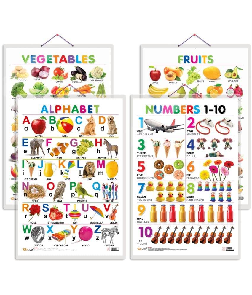 Set of 4 Alphabet, Fruits, Vegetables and Numbers 1-10 Early Learning Educational Charts for Kids | 20"X30" inch |Non-Tearable and Waterproof | Double Sided Laminated | Perfect for Homeschooling, Kindergarten and Nursery Students Set of 4 Alphabet, Fruits, Vegetables and Numbers 1-10 Early Learning Educational Charts for Kids | 20"X30" inch |Non-Tearable and Waterproof | Double Sided Laminated | Perfect for Homeschooling, Kindergarten and Nursery Students
