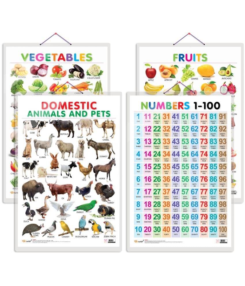Set of 4 Fruits, Vegetables, Domestic Animals and Pets and Numbers 1-100 Early Learning Educational Charts for Kids | 20"X30" inch |Non-Tearable and Waterproof | Double Sided Laminated | Perfect for Homeschooling, Kindergarten and Nursery Students Set of 4 Fruits, Vegetables, Domestic Animals and Pets and Numbers 1-100 Early Learning Educational Charts for Kids | 20"X30" inch |Non-Tearable and Waterproof | Double Sided Laminated | Perfect for Homeschooling, Kindergarten and Nursery Students