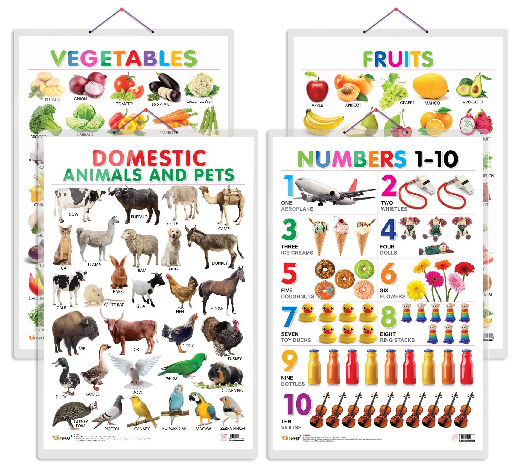     			Set of 4 Fruits, Vegetables, Domestic Animals and Pets and Numbers 1-10 Early Learning Educational Charts for Kids | 20"X30" inch |Non-Tearable and Waterproof | Double Sided Laminated | Perfect for Homeschooling, Kindergarten and Nursery Students