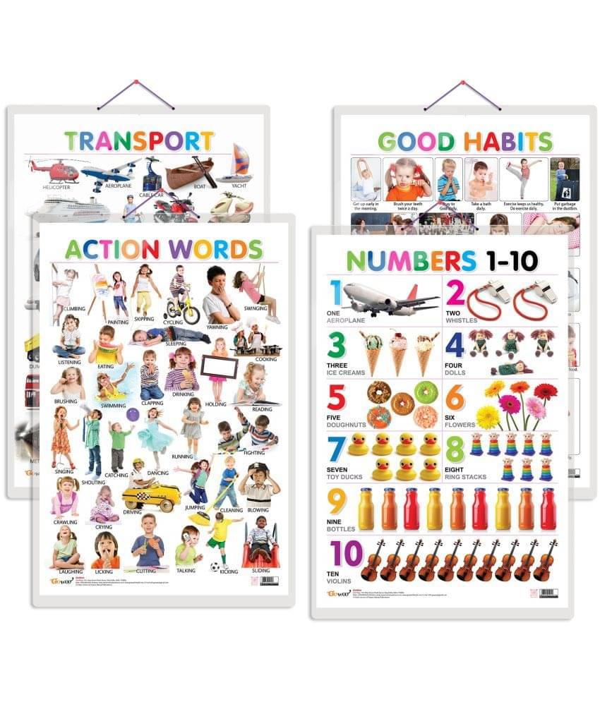 Set of 4 Good Habits, Action Words, Transport and Numbers 1-10 Early Learning Educational Charts for Kids | 20"X30" inch |Non-Tearable and Waterproof | Double Sided Laminated | Perfect for Homeschooling, Kindergarten and Nursery Students Set of 4 Good Habits, Action Words, Transport and Numbers 1-10 Early Learning Educational Charts for Kids | 20"X30" inch |Non-Tearable and Waterproof | Double Sided Laminated | Perfect for Homeschooling, Kindergarten and Nursery Students