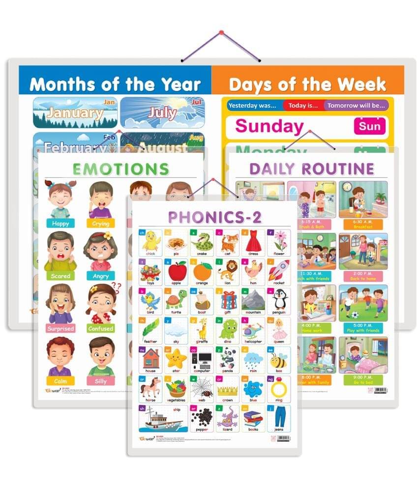 Set of 4 MONTHS OF THE YEAR AND DAYS OF THE WEEK, EMOTIONS, DAILY ROUTINE and PHONICS - 2 Early Learning Educational Charts for Kids Set of 4 MONTHS OF THE YEAR AND DAYS OF THE WEEK, EMOTIONS, DAILY ROUTINE and PHONICS - 2 Early Learning Educational Charts for Kids