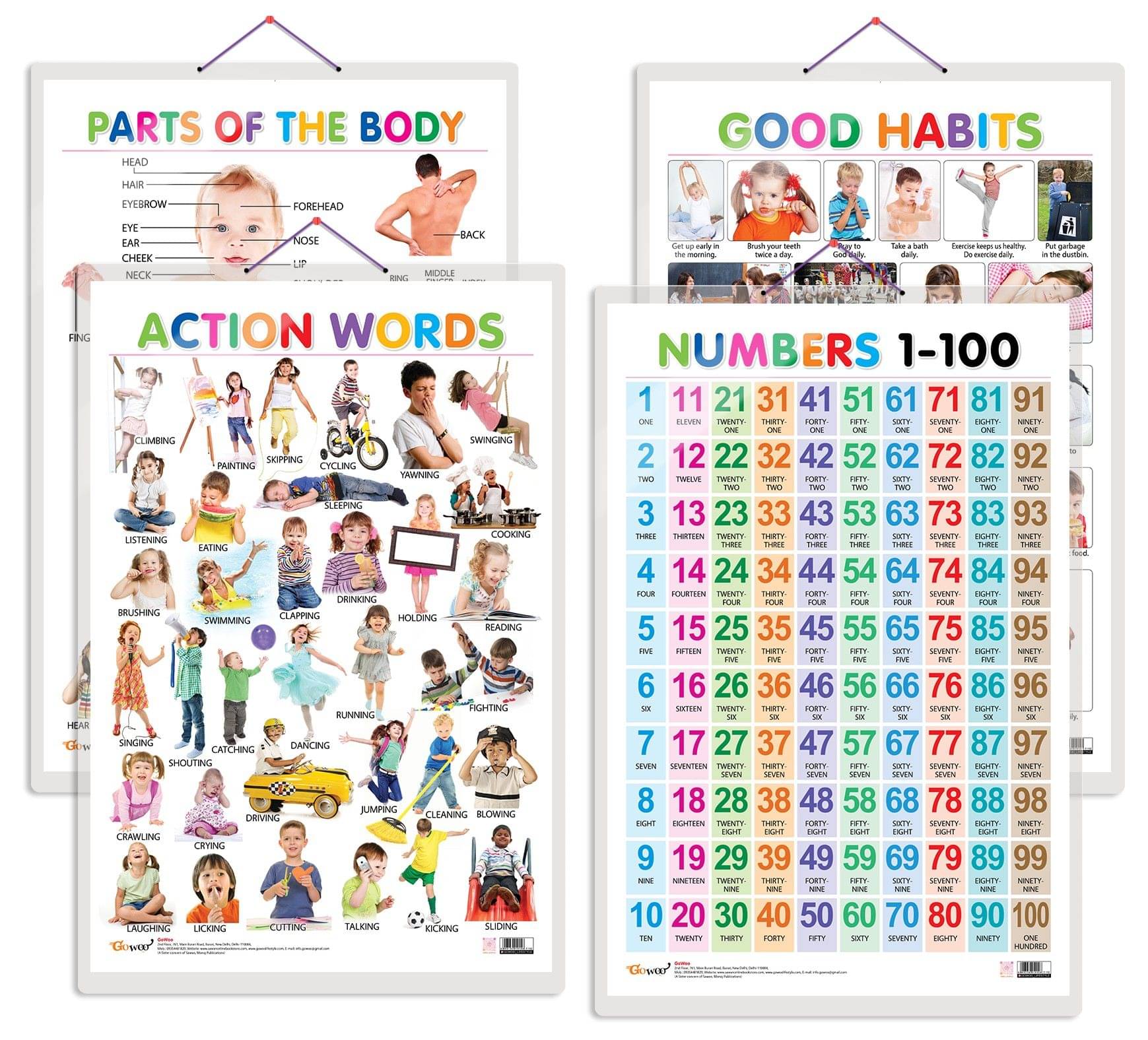 Set of 4 Parts of the Body, Good Habits, Action Words and Numbers 1-100 Early Learning Educational Charts for Kids | 20"X30" inch |Non-Tearable and Waterproof | Double Sided Laminated | Perfect for Homeschooling, Kindergarten and Nursery Students Set of 4 Parts of the Body, Good Habits, Action Words and Numbers 1-100 Early Learning Educational Charts for Kids | 20"X30" inch |Non-Tearable and Waterproof | Double Sided Laminated | Perfect for Homeschooling, Kindergarten and Nursery Students
