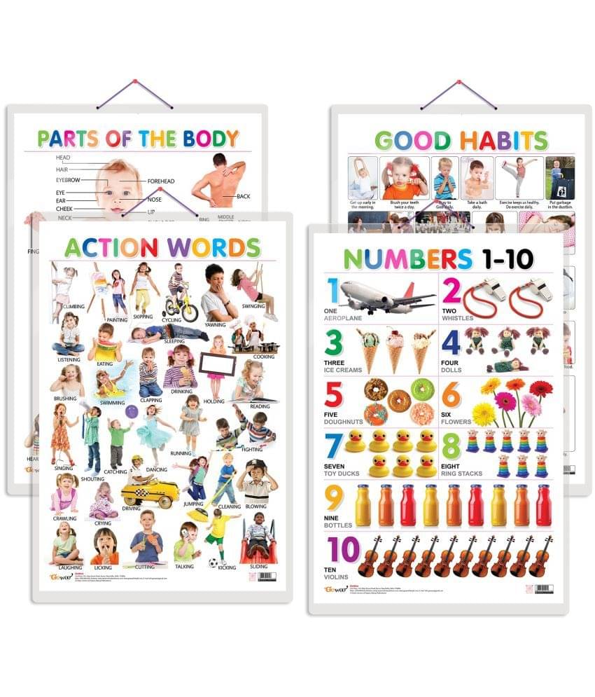 Set of 4 Parts of the Body, Good Habits, Action Words and Numbers 1-10 Early Learning Educational Charts for Kids | 20"X30" inch |Non-Tearable and Waterproof | Double Sided Laminated | Perfect for Homeschooling, Kindergarten and Nursery Students Set of 4 Parts of the Body, Good Habits, Action Words and Numbers 1-10 Early Learning Educational Charts for Kids | 20"X30" inch |Non-Tearable and Waterproof | Double Sided Laminated | Perfect for Homeschooling, Kindergarten and Nursery Students