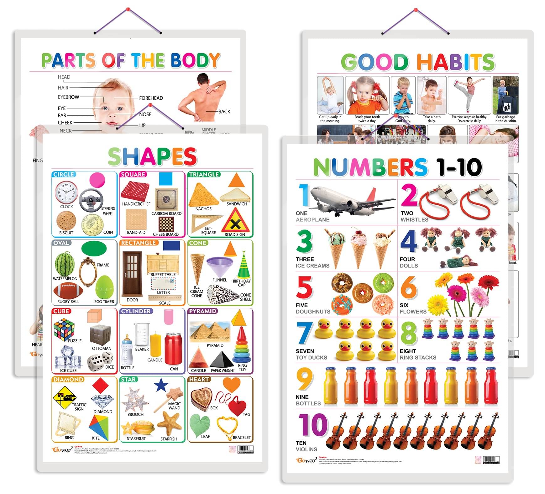 Set of 4 Shapes, Parts of the Body, Good Habits and Numbers 1-10 Early Learning Educational Charts for Kids | 20"X30" inch |Non-Tearable and Waterproof | Double Sided Laminated | Perfect for Homeschooling, Kindergarten and Nursery Students Set of 4 Shapes, Parts of the Body, Good Habits and Numbers 1-10 Early Learning Educational Charts for Kids | 20"X30" inch |Non-Tearable and Waterproof | Double Sided Laminated | Perfect for Homeschooling, Kindergarten and Nursery Students