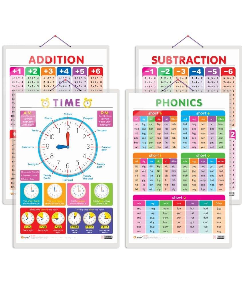 Set of 4 TIME, SUBTRACTION, ADDITION and PHONICS - 1 Early Learning Educational Charts for Kids | 20"X30" inch |Non-Tearable and Waterproof | Double Sided Laminated | Perfect for Homeschooling, Kindergarten and Nursery Students Set of 4 TIME, SUBTRACTION, ADDITION and PHONICS - 1 Early Learning Educational Charts for Kids | 20"X30" inch |Non-Tearable and Waterproof | Double Sided Laminated | Perfect for Homeschooling, Kindergarten and Nursery Students