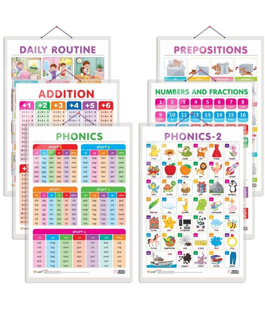 Set of 6 ADDITION, NUMBERS AND FRACTIONS, DAILY ROUTINE, PREPOSITIONS, PHONICS - 1 and PHONICS - 2 Early Learning Educational Charts for Kids Set of 6 ADDITION, NUMBERS AND FRACTIONS, DAILY ROUTINE, PREPOSITIONS, PHONICS - 1 and PHONICS - 2 Early Learning Educational Charts for Kids