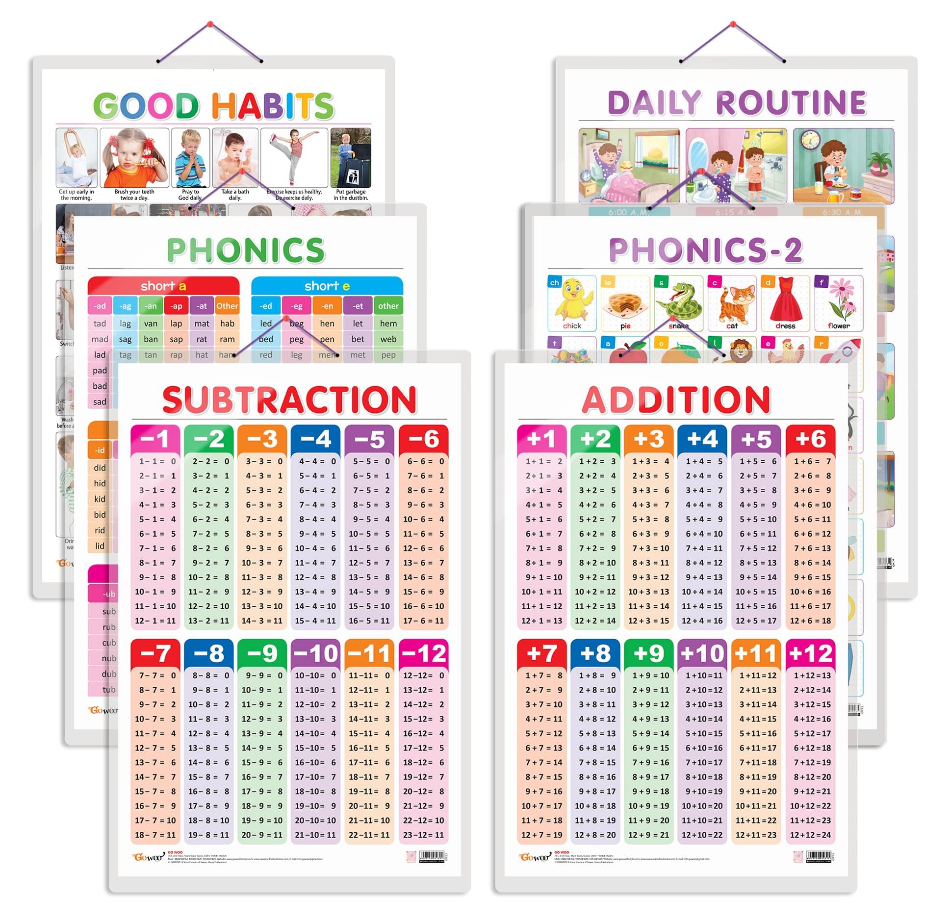     			Set of 6 Good Habits, SUBTRACTION, ADDITION, DAILY ROUTINE, PHONICS - 1 and PHONICS - 2 Early Learning Educational Charts for Kids