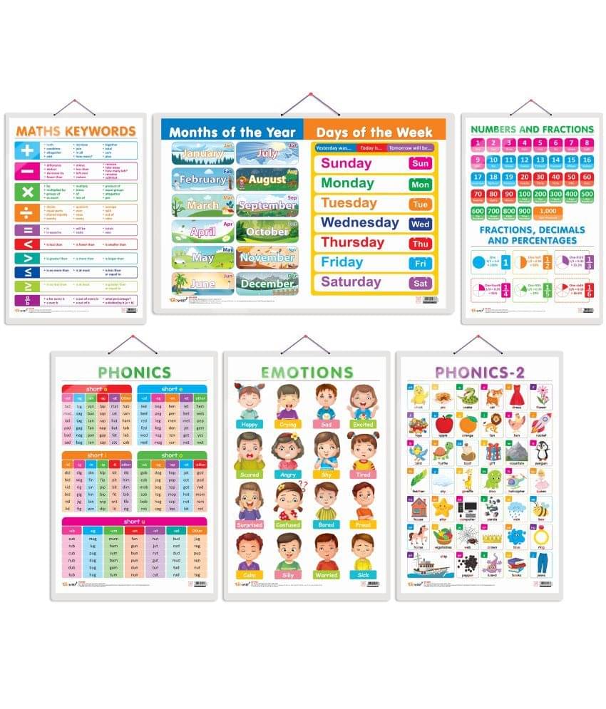 Set of 6 NUMBERS AND FRACTIONS, MATHS KEYWORDS, MONTHS OF THE YEAR AND DAYS OF THE WEEK, EMOTIONS, PHONICS - 1 and PHONICS - 2 Early Learning Educational Charts for Kids Set of 6 NUMBERS AND FRACTIONS, MATHS KEYWORDS, MONTHS OF THE YEAR AND DAYS OF THE WEEK, EMOTIONS, PHONICS - 1 and PHONICS - 2 Early Learning Educational Charts for Kids