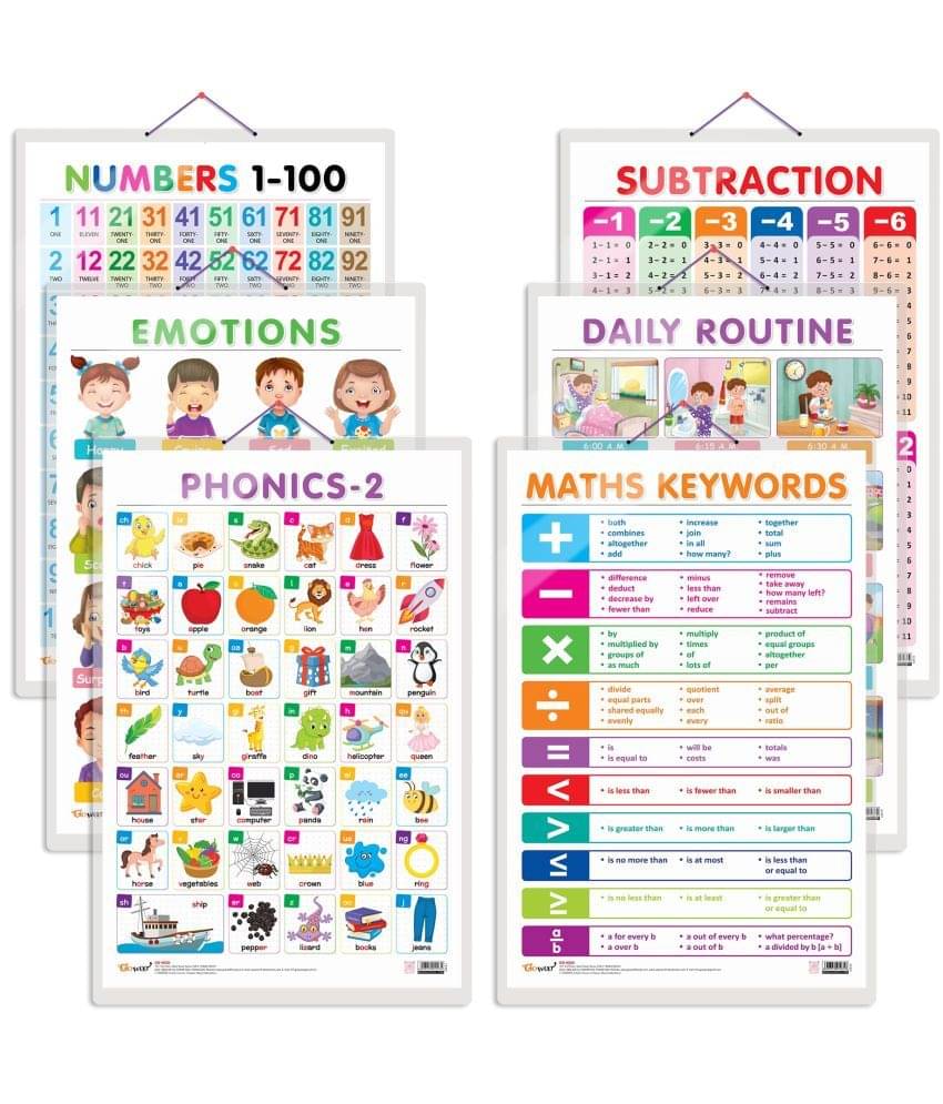Set of 6 Numbers 1-100, SUBTRACTION, MATHS KEYWORDS, EMOTIONS, DAILY ROUTINE and PHONICS - 2 Early Learning Educational Charts for Kids Set of 6 Numbers 1-100, SUBTRACTION, MATHS KEYWORDS, EMOTIONS, DAILY ROUTINE and PHONICS - 2 Early Learning Educational Charts for Kids