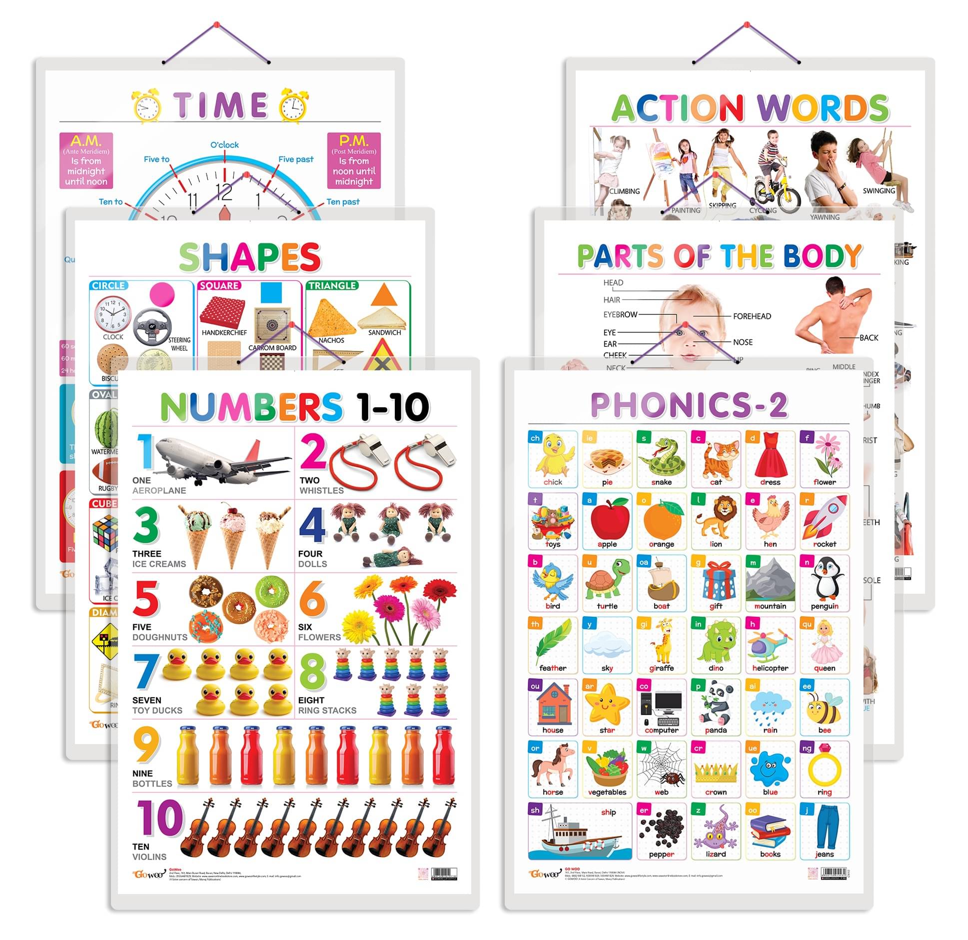 Set of 6 Shapes, Parts of the Body, Action Words, Numbers 1-10, TIME and PHONICS - 2 Early Learning Educational Charts for Kids Set of 6 Shapes, Parts of the Body, Action Words, Numbers 1-10, TIME and PHONICS - 2 Early Learning Educational Charts for Kids