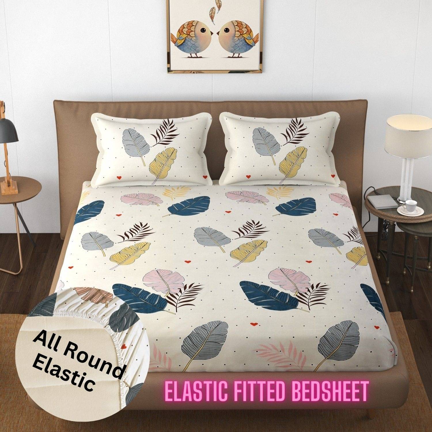     			Apala Microfibre Abstract Printed Fitted Double Bedsheet With 2 Pillow Covers- Cream