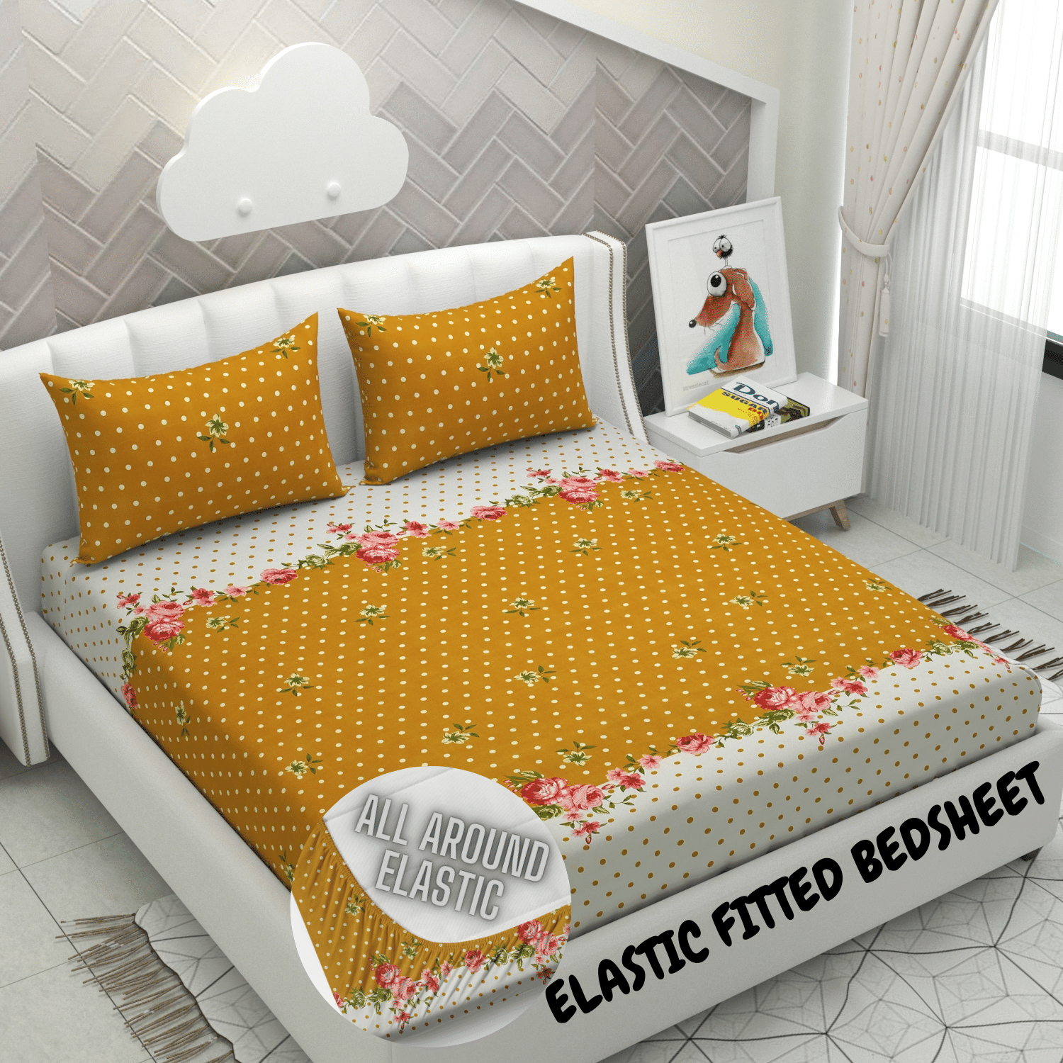     			Apala Microfibre Abstract Printed Fitted Double Bedsheet With 2 Pillow Covers- Pink