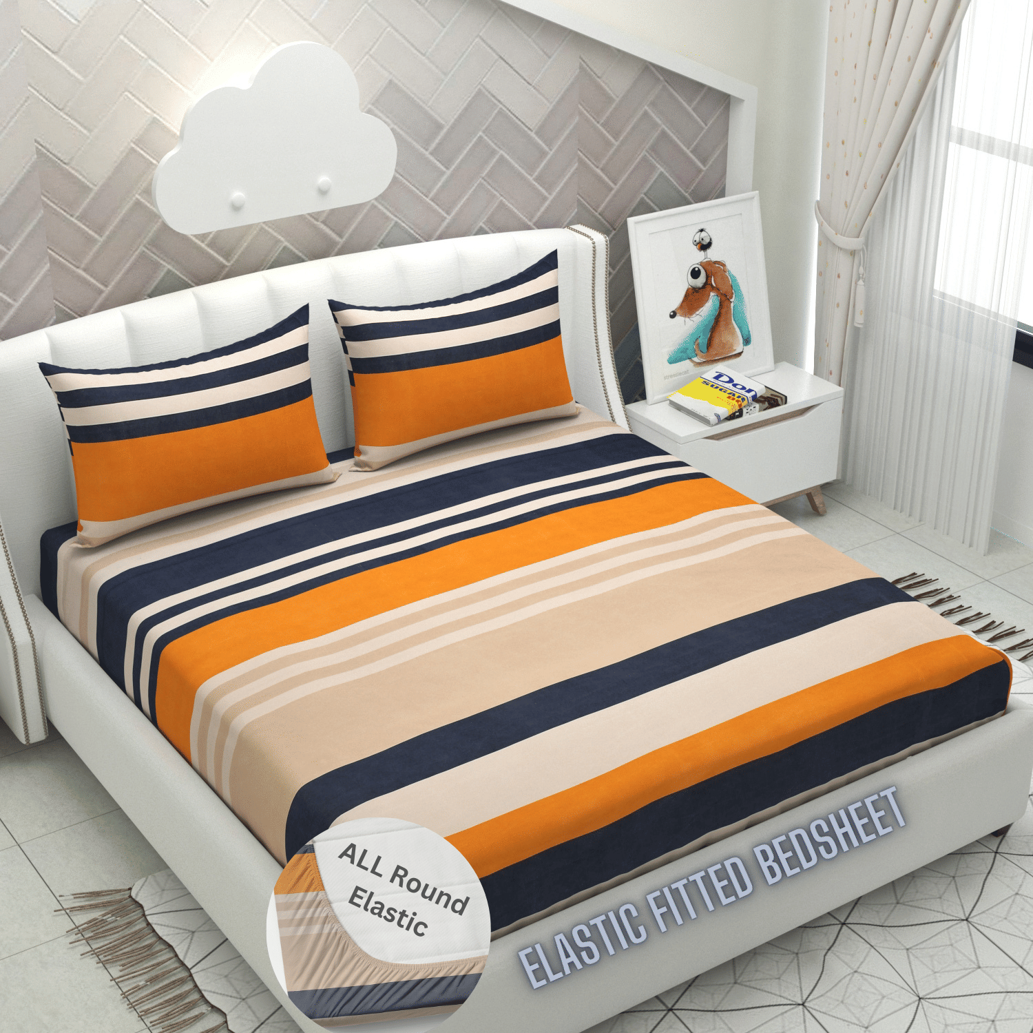     			Apala Microfibre Abstract Printed Fitted Double Bedsheet With 2 Pillow Covers- Blue