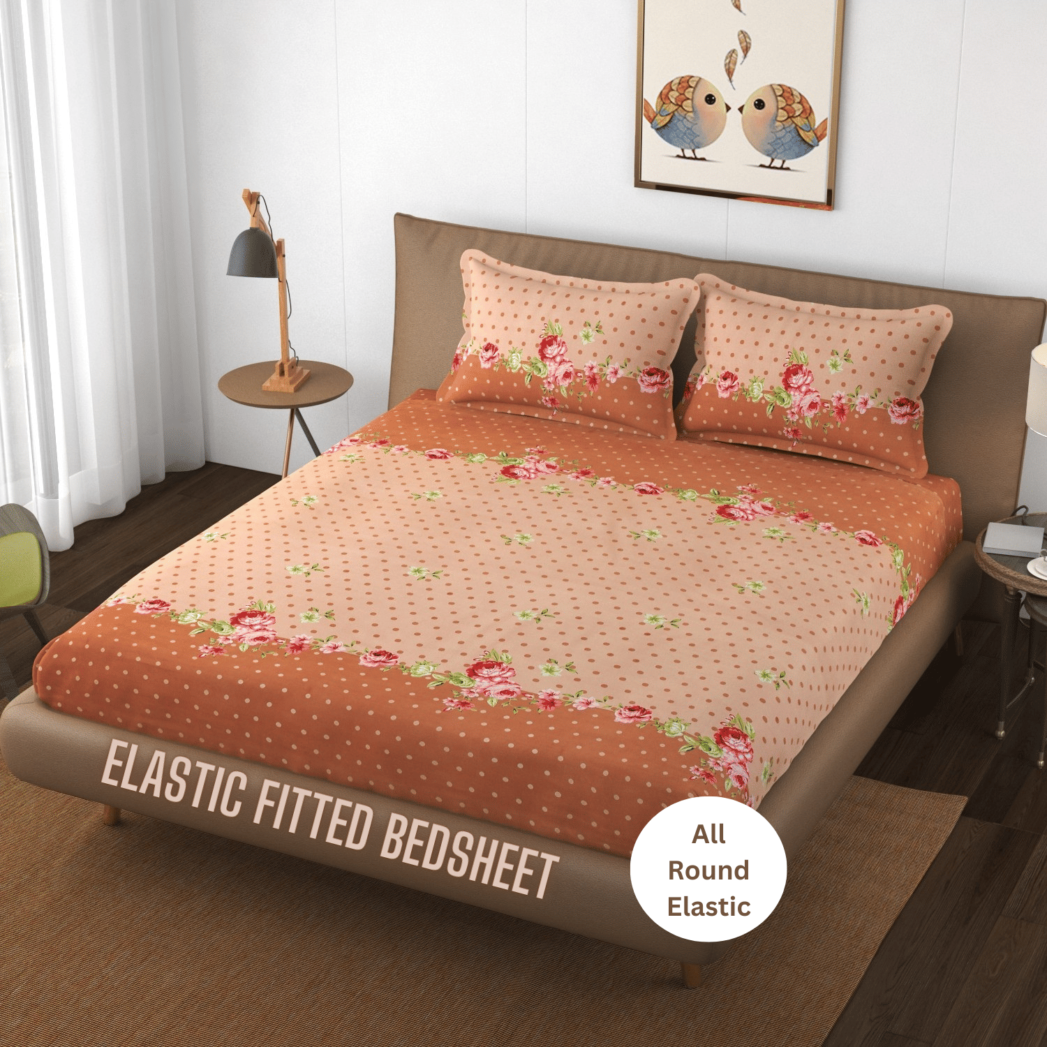     			Apala Microfibre Abstract Printed Fitted Double Bedsheet With 2 Pillow Covers- Brown