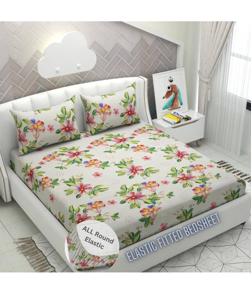 Apala Microfibre Floral Printed Fitted Double Bedsheet With 2 Pillow Covers- Cream