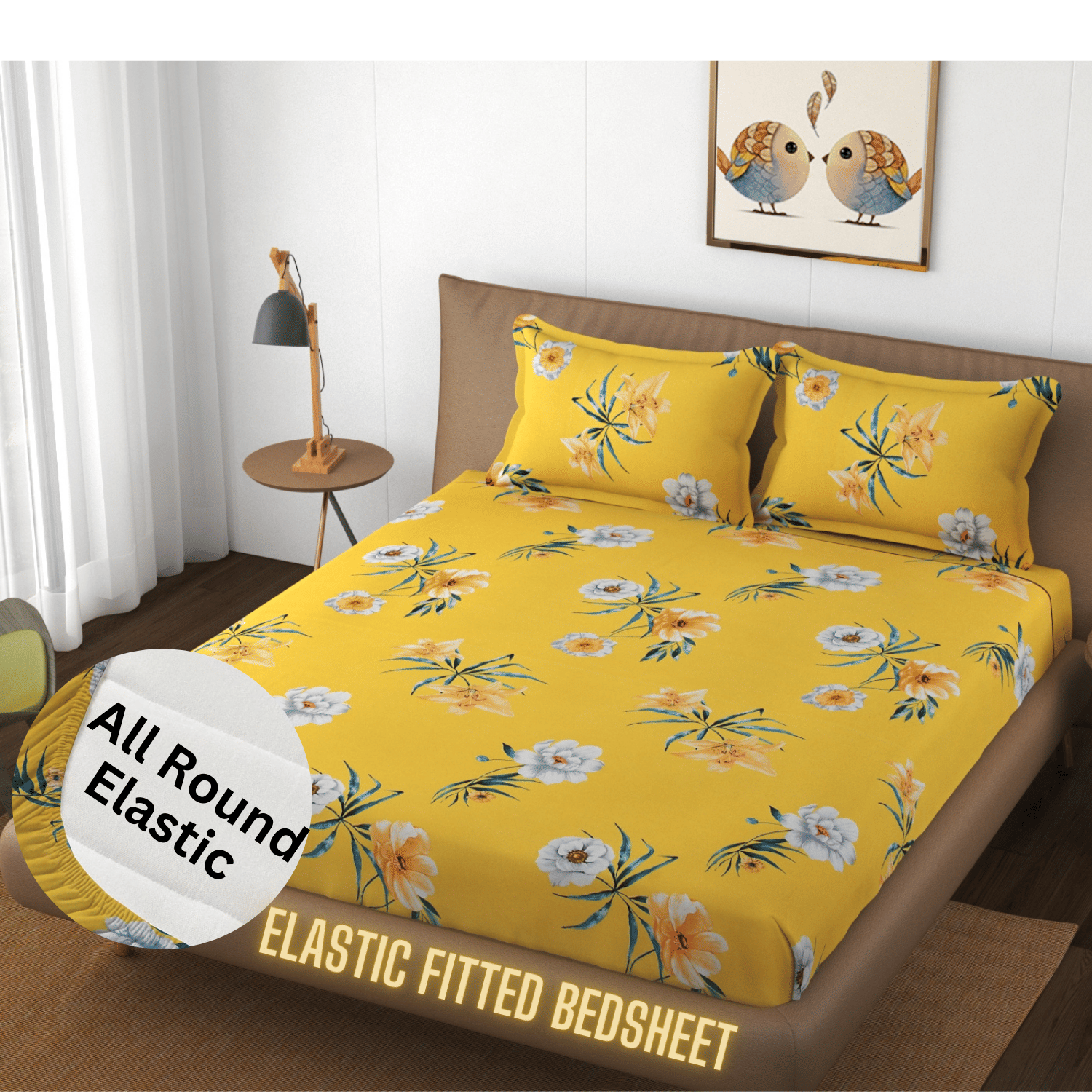Apala Microfibre Floral Printed Fitted Double Bedsheet With 2 Pillow Covers- Yellow