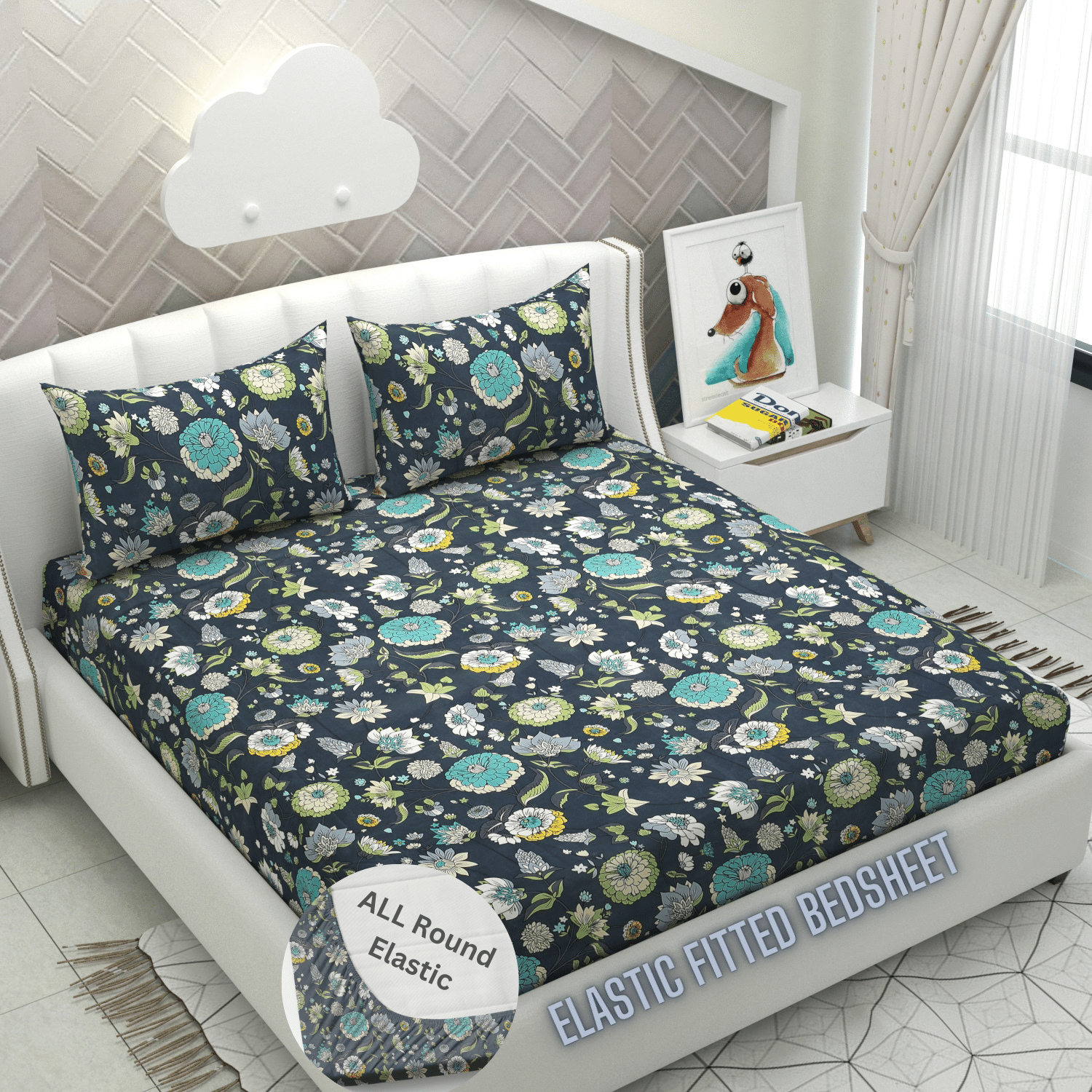     			Apala Microfibre Floral Printed Fitted Double Bedsheet With 2 Pillow Covers- Dark Gray