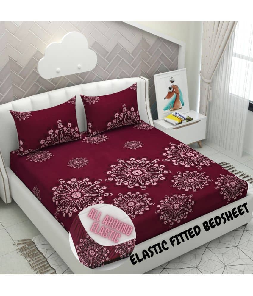 Apala Microfibre Floral Printed Fitted Double Bedsheet With 2 Pillow Covers- Maroon