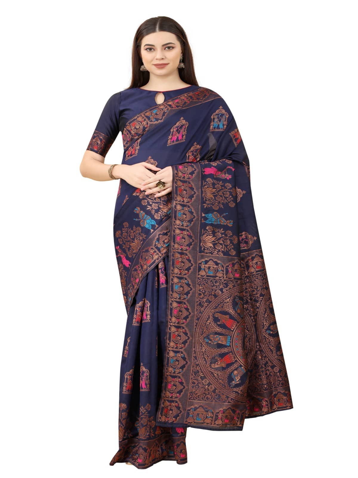 NENCY FASHION Banarasi Silk Embellished Saree With Unstitched Blouse Piece ( Blue ) - Sarees | Buy online on ZillyBuy