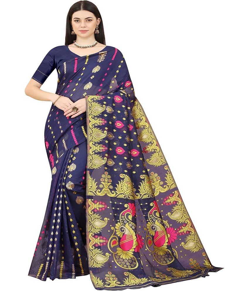NENCY FASHION Cotton Embroidered Saree With Unstitched Blouse Piece ( Blue ) - Sarees | Buy online on ZillyBuy