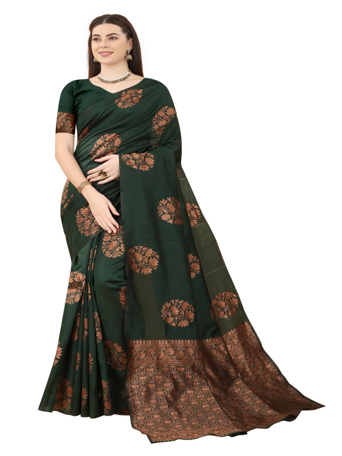 NENCY FASHION Banarasi Silk Embellished Saree With Unstitched Blouse Piece ( Green ) - Sarees | Buy online on ZillyBuy
