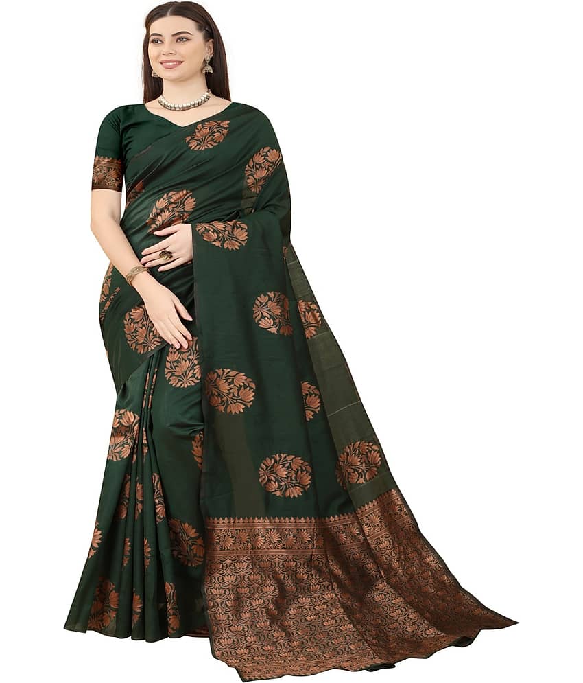 NENCY FASHION Banarasi Silk Embellished Saree With Unstitched Blouse Piece ( Green ) - Sarees | Buy online on ZillyBuy