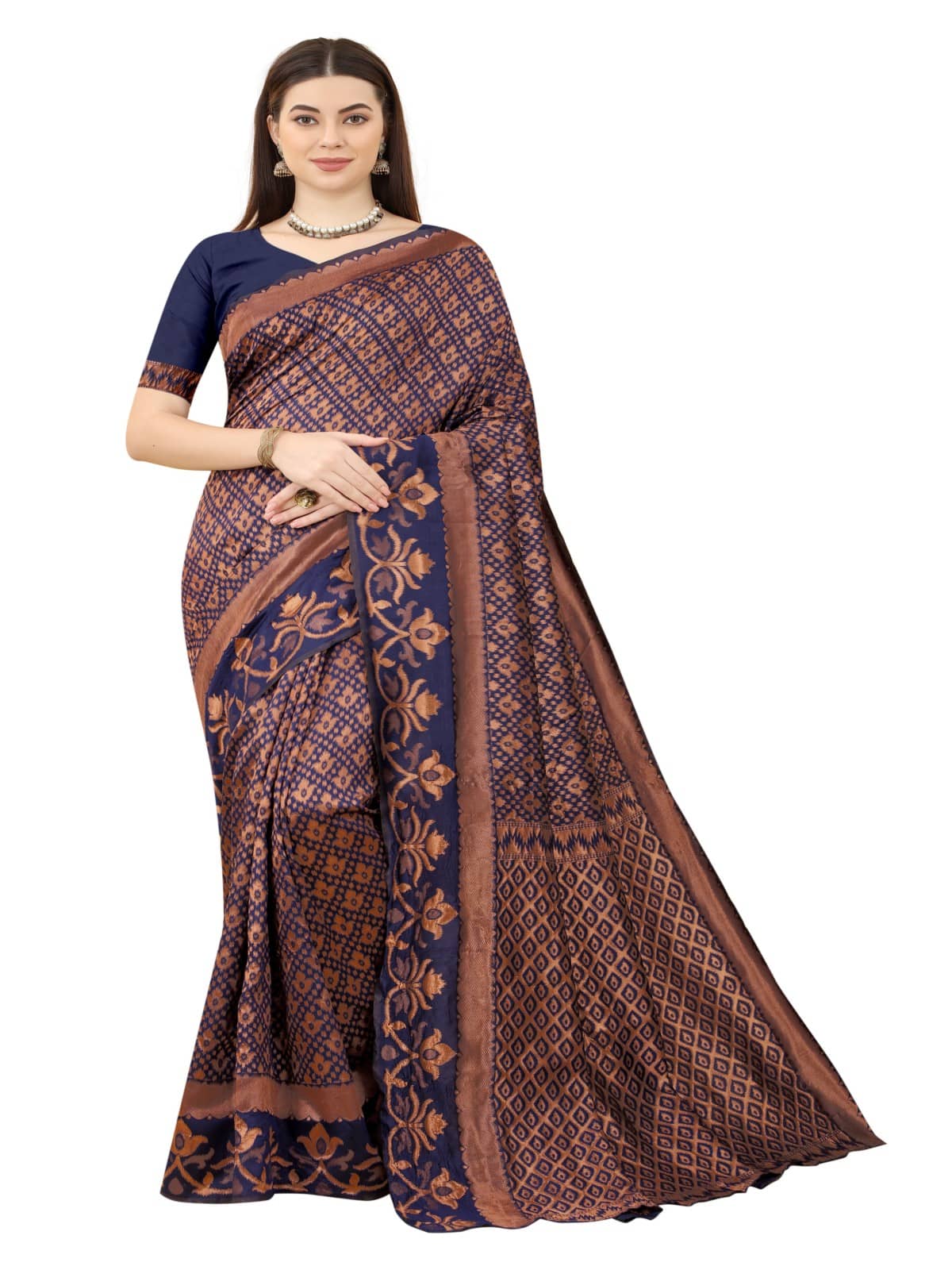 NENCY FASHION Banarasi Silk Embellished Saree With Unstitched Blouse Piece ( Navy Blue ) - Sarees | Buy online on ZillyBuy
