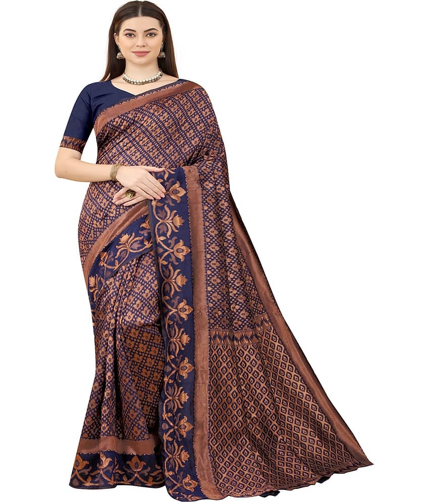 NENCY FASHION Banarasi Silk Embellished Saree With Unstitched Blouse Piece ( Navy Blue ) - Sarees | Buy online on ZillyBuy
