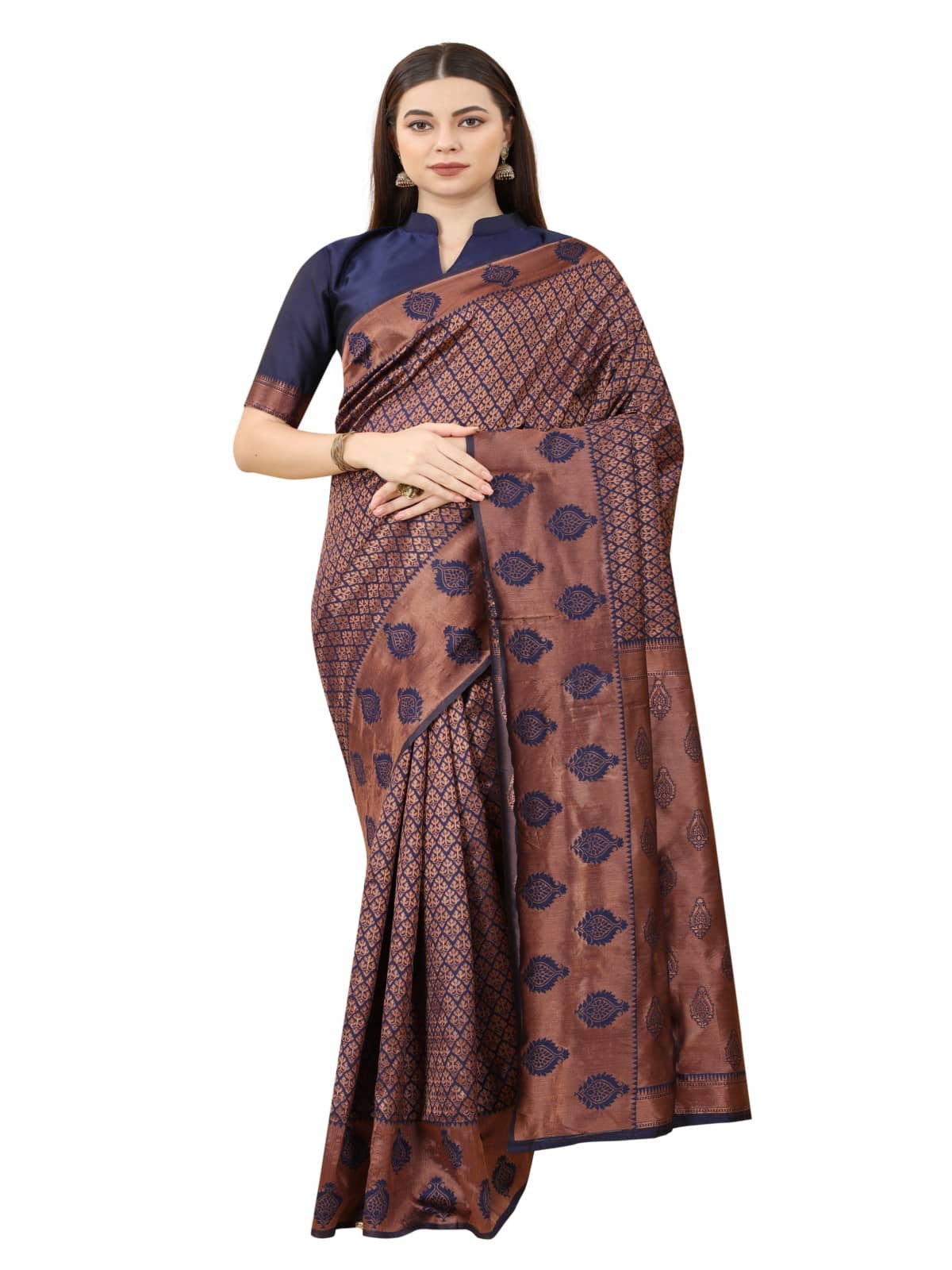 NENCY FASHION Banarasi Silk Embellished Saree With Unstitched Blouse Piece ( Navy Blue ) - Sarees | Buy online on ZillyBuy