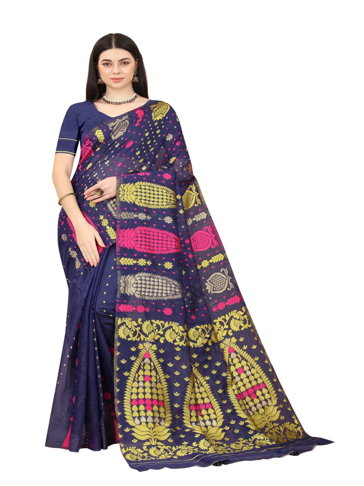 NENCY FASHION Cotton Printed Saree With Unstitched Blouse Piece ( Navy Blue ) - Sarees | Buy online on ZillyBuy