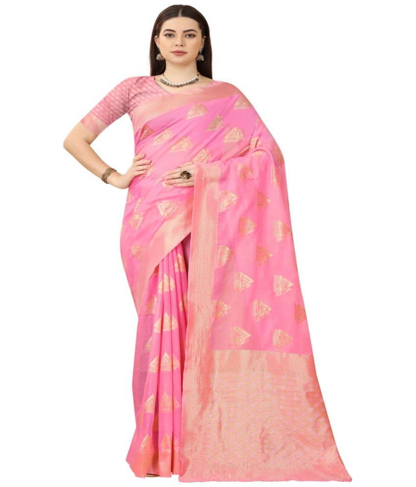 NENCY FASHION Cotton Embellished Saree With Unstitched Blouse Piece ( Pink ) - Sarees | Buy online on ZillyBuy